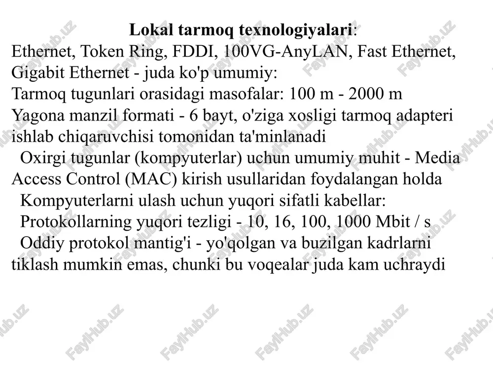 k, serverlar aksincha murakkab muommolarni echishlari kerakligi. bunday sistemalarda klient- server sistemasini yo'lga qo'yish mumkin, serverdagi tanlab olingan ishni xar xil holatda markazlashtirish mumkin. lokal tarmoqni qurishda tarmoqni loyixalashtirish lokal tarmoqni qurishda tarmoqni loyixalashtirish va tanlash eng muhim jarayon hisoblanadi. bu tanlashdan kelgusida tarmoqning barcha texnik imkoniyatlari xosil bo‘ladi, ulardan eng muximlari quyidagilar: tarmoqning yaratilish narxi; axborotlarni uzatish tezligi; ulanadigan kesimlar soni; aktiv va passiv tarmoq qurilmalarining soni; oson ulanish va mijozga xizmat ko‘ratish nuqtalari; buzilishlarga barqarorligi va buzilishlarni bartaraf qilishning osonligi; ishlashning xavfizliligi; tarmoqning marshrutlashtirish murakkabligi; keyinchalik kengayish imkoniyati; ma’lumotlarni uzatish usuli va boshqa topologiyalar segmenti bilan ulanish imkoniyati; lan topologiyasi - bu turli xil kabellar va elektron uskunalar yordamida kompyuterlarni bir-biriga ulash usuli. topologiya tarmoqning fizik tuzilishini nazarda tutishi mumkin yoki u ma'lumotlarning tarmoq orqali o'tishini tavsiflovchi mantiqiy tuzilishga murojaat qilishi mumkin. lan topologiyasini tanlash ko'plab omillarga bog'liq, ularning asosiylari: muammolarni bartaraf etish usuli o'rnatish qiymati ishlatiladigan kabel …