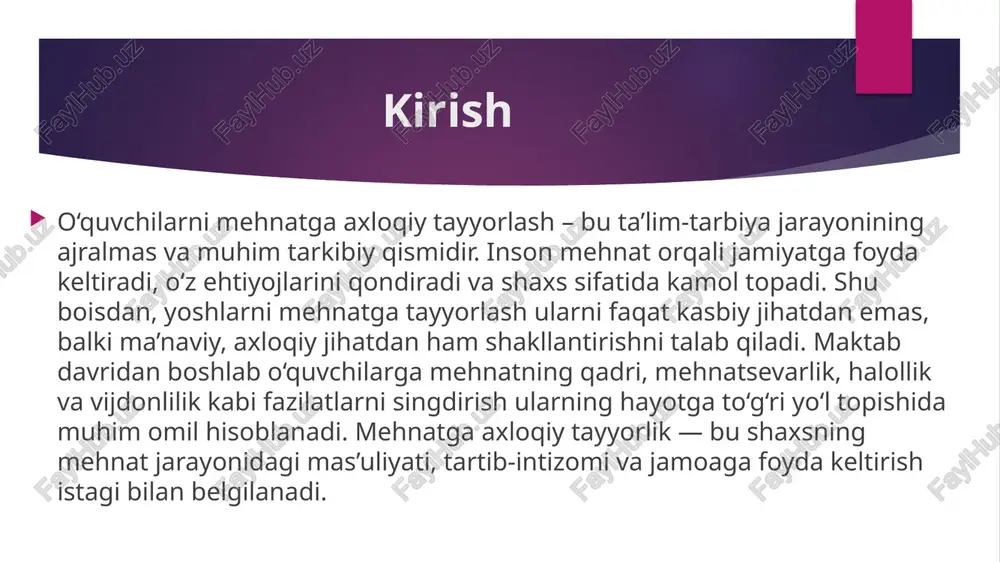 at faoliyatining turlari maktabda o‘quvchilarni mehnatga jalb qilishning turli shakllari mavjud: amaliy mehnat mashg‘ulotlari: texnologiya darslari, hunarmandchilik, bog‘dorchilik, tikuvchilik kabi fanlar. ijtimoiy foydali mehnat: maktab va mahalla hududini tozalash, ko‘chat ekish, obodonlashtirish. jamoaviy loyihalar: sinf burchaklarini bezatish, tadbirlar tashkil etish, kichik tadbirkorlik loyihalari. ko‘ngilli ishlar: yordamga muhtojlarga yordam berish, ijtimoiy aksiyalarda qatnashish. mehnat tarbiyasining axloqiy natijalari mehnat tarbiyasining eng muhim natijasi — shaxsning axloqiy kamoloti. mehnat orqali o‘quvchilar halollik, sabr-toqat, intizom, vijdonlilik, jamoaga hurmat, fidoyilik kabi sifatlarni egallaydilar. ular o‘z mehnati natijasini ko‘rib, buning orqasida qanday sa’y-harakat yotganini tushunadilar. bunday bolalar kelajakda har qanday sohada mas’uliyatli, fidoyi va vatanparvar insonlar bo‘lib yetishadilar. mehnatsevar inson doimo jamiyatda hurmatga sazovor bo‘ladi. mehnat tarbiyasining pedagogik usullari o‘quvchilarda mehnatga axloqiy munosabatni shakllantirishda o‘qituvchilar turli pedagogik usullardan foydalanadilar: namuna ko‘rsatish — o‘qituvchining o‘zi mehnatsevarlik namunasi bo‘lishi. suhbat va munozara — mehnatning qadri, halollik va burch haqida ochiq suhbatlar. rag‘batlantirish — mehnatsevar o‘quvchilarni e’tirof etish va …