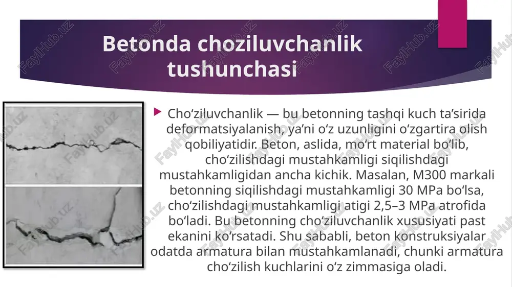 beradi. qisqarish miqdorini aniqlash qisqarishning nisbiy qiymati 0,0001–0,0003 atrofida bo‘ladi. odatda betonning har 1 metr uzunligida 0,2–0,5 mm qisqarish kuzatiladi. qisqarishni o‘lchash uchun uzunlik o‘zgarish o‘lchagichlar (deformatsion datchiklar) ishlatiladi. qisqarishning qiymati muhit harorati, namlik, sement turi va to‘ldiruvchilarning yirikligiga bog‘liq bo‘ladi. qisqarishning konstruksiyalarga ta’siri qisqarish beton konstruksiyalarida yoriqlar, deformatsiyalar, egilishlar va siqilish stresslariga sabab bo‘ladi. ayniqsa, keng yuzali pollar, plitalar, yo‘l qoplamalari, monolit devorlar bu holatga sezgir. qisqarish yoriqlari suv o‘tkazuvchanlikni oshiradi, sovuqdan himoyani kamaytiradi va armaturani korroziyaga uchratadi. shu sababli, loyihalashda qisqarish koeffitsienti hisobga olinadi. cho‘zilish va qisqarish o‘rtasidagi o‘zaro bog‘liqlik cho‘zilish va qisqarish betonning elastiklik moduliga, ichki tuzilmasiga va tashqi yuklanishga bog‘liq. cho‘zilish tashqi kuch ta’sirida yuzaga kelsa, qisqarish — ichki fizik-kimyoviy jarayonlar natijasidir. ikkalasi ham deformatsiya turi bo‘lib, ularning miqdoriy nisbatlari betonning kuchlanish holatini aniqlaydi. betonning choziluvchanlik chegarasi pastligi sababli, cho‘zilish paytida u qisqarishdan ko‘ra tezroq yoriladi. qisqarish va cho‘zilishni kamaytirish usullari suv-sement nisbatini me’yorda ushlab turish …