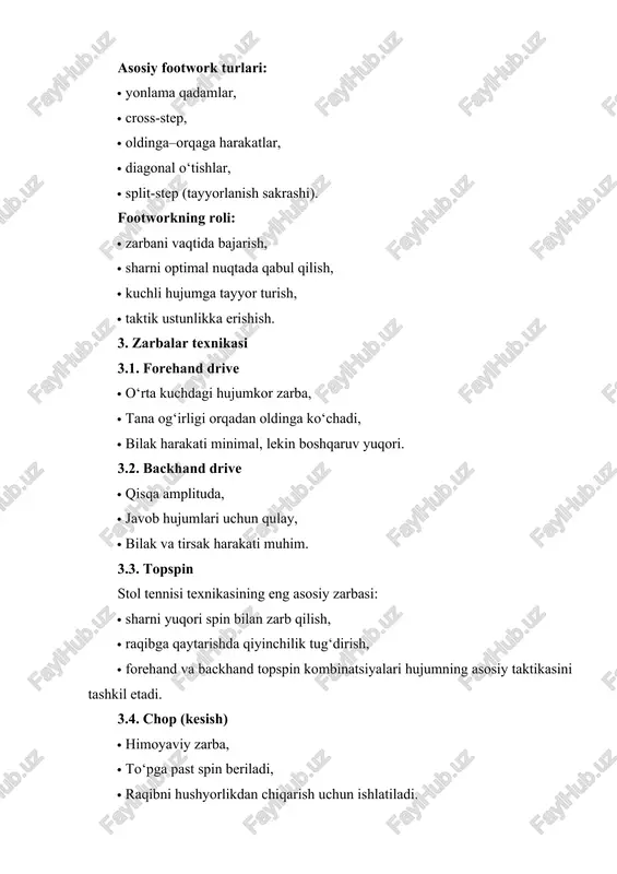qiyinchilik tug‘dirish, · forehand va backhand topspin kombinatsiyalari hujumning asosiy taktikasini tashkil etadi. 3.4. chop (kesish) · himoyaviy zarba, · to‘pga past spin beriladi, · raqibni hushyorlikdan chiqarish uchun ishlatiladi. 3.5. blok · kuchli zarbalarni neytrallashtiradi, · raqib sur’ati bilan o‘ynash imkonini beradi, · minimal harakat bilan bajariladi. 4. servis va qabul qilish texnikasi servis stol tennisi taktikasi va texnikasining eng kuchli qurolidir. servis turlari: · past spinli servis, · yuqori spinli servis, · yon spinli servis, · uzun va qisqa servislar, · aldamchi servislar. servisni qabul qilish: · push (kesish), · flick (yuqoriga ko‘tarilgan zarba), · blok, · counter-attack qabul. to‘g‘ri qabul qilish raqibning hujumini bostirishda muhim rol o‘ynaydi. 5. o‘yin texnikasini o‘rgatish metodikasi bosqichlar: 1. oddiy zarbalar bilan tanishtirish 2. stabillikni shakllantirish mashqlari 3. oyoq harakatini kiritish 4. kombinatsion zarbalar 5. musobaqa uslubidagi mashg‘ulotlar mashg‘ulotlarni tashkil qilish: · ko‘p takrorlash metodi, · juftlik mashqlari, · tezlikni oshirish drilleri, …