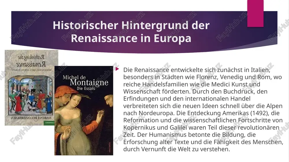 on bildung und literatur. seine schriften, predigten und lieder beeinflussten das literarische und kulturelle leben deutschlands nachhaltig. durch luther wurde das lesen und schreiben für breite bevölkerungsschichten zugänglich, was zur entwicklung einer nationalen literatur beitrug. renaissance-drama und lyrik in deutschland das deutsche drama der renaissance entwickelte sich unter einfluss englischer und italienischer vorbilder. hans sachs, ein meistersinger aus nürnberg, schrieb zahlreiche fastnachtsspiele und dramen, die volkstümliche themen mit moralischer belehrung verbanden. seine werke zeigen die verbindung von reformation, humanismus und bürgerkultur. in der lyrik erlebte die deutsche sprache eine neue blüte. dichter wie paul fleming und georg sabinus verarbeiteten themen der liebe, natur und vergänglichkeit mit kunstvoller form. diese neue literatur zeigte ein stärkeres interesse am individuum, an der menschlichen erfahrung und an der schönheit der sprache selbst. schlussfolgerung die renaissance war für deutschland eine zeit des geistigen erwachens und der kulturellen erneuerung. sie führte zur entstehung der modernen deutschen …