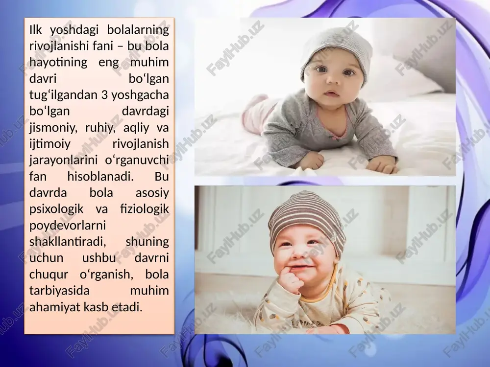 baynida bolaning nutqi va oʻzgalar tomonidan aytilgan soʻzlarni tushunish qobiliyatlari jadal rivojlangan boʻlsa, 2-3 yoshga kelib, oʻzgalar nutqiga taqlid qilish jarayoni boshlanadi, bola musiqa, badiiy soʻz ta'siriga tez beriladi. shuning uchun ham unga xuddi shu davrdan boshlab she'rlar aytish hamda raqsga tushishni oʻrgatish lozim. ularda kattalarga joʻr boʻlib qoʻshiq aytish, musiqaga muvofiq harakat qilish, ohangni his etish koʻnikmasi shakllanadi. bu yoshdagi bolalarni bir joyga jamlaganda ular orasida oʻzaro muloqotga kirishish koʻnikmalari shakllana boshlaydi. ilk yosh davri – bolalikning eng nozik va mas'uliyatli bosqichi boʻlib, bu davrda bolaning kelajakdagi shaxs sifatida shakllanishiga zamin yaratiladi. shu sababli bu davrni chuqur oʻrganish, toʻgʻri tashxislash va pedagogik yondashuvlarni qoʻllash pedagog va tarbiyachilarning asosiy vazifalaridan biridir. e’tiboringgiz uchun raxmat!!! image1.jpeg image2.png image3.png image4.png image5.png image6.png image7.png image8.jpeg image9.jpeg image10.jpeg image11.png image12.png image13.png image14.png image15.png image16.png image17.png image18.jpeg image19.jpeg image20.jpeg image21.jpeg image22.png image23.jpeg image24.jpeg image25.jpeg image26.png 160586342 /docprops/thumbnail.jpeg