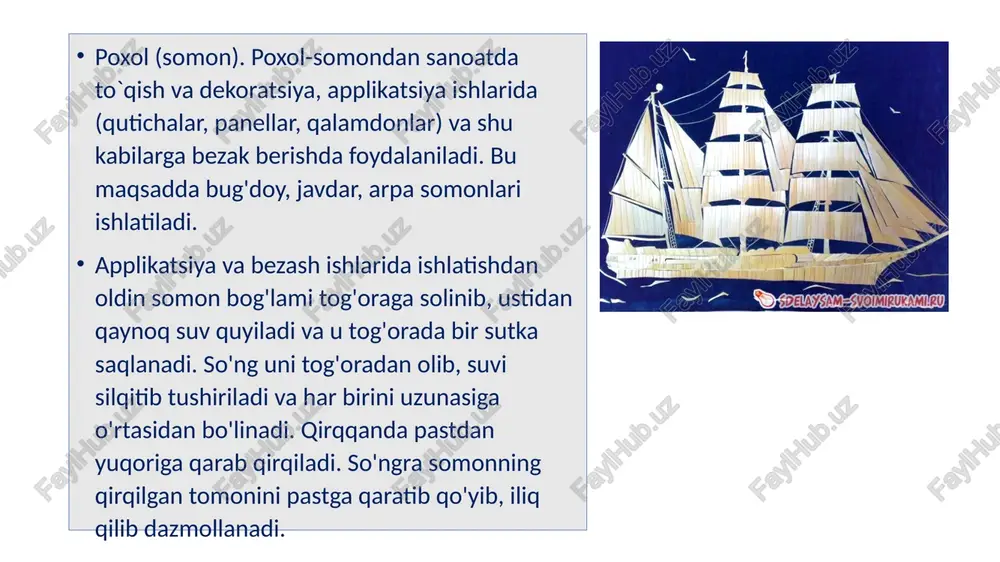 im tashkilotida o’tkaziladigan applikatsiya mashg’ulotlari bolalarning sezish qobiliyatlarining rivojlanishiga, ta’sir etib, ularni estetik jihatdan tarbiyalashni va ijodiy faolligini shakllantirishga, shuningdek, mehnat ko’nikmalarini shakllantirishga va ularda xarakterning irodaviy xususiyatlarini vujudga kelishiga ta’sir etadi. «rangni sezish-estetik sezishning umuman eng ommabop shakli bo’lib hisoblanadi». biz bolalarning estetik tarbiyasiga ta’sir ko’rsatamiz. bolalar shu asosida shaklning go’zalligini, ritm va simmetriyani bilishga, sezishga o’rganadilar. applikatsiya mashg’ulotlarida bolalar ko’pincha geometrik shakllar bilan munosabatda bo’ladilar natijada ular tevarak atrofdagi predmetlarda geometrik shakllarni abstrakt ko’rinishini ko’ra olishga o’rganadilar. bolalar geometrik shakllar bilan tanishishlari jarayonida hali o’zlariga tanish bo’lmagan figuralarning nomini to’g’ri aniqlashga o’rganadilar. bolalar shaklni yopishtirishni yelimsiz aloqa qilishlari natijasida bu shaklini mantiqiy va ritmik holida joylashtirishga o’rganishlari, asosan o’rtasida o’ngda, chapda, yuqorida, pastda, orqada, qarama-qarshi tamonda, atrofida kabi so’zlar bilan tanishib oladilar. bolalarni qog’oz betida nuqta orentirovka qilishga o’rgatish-bolalarni maktabda muvaffaqiyatli o’qishlarini asosiy shartlaridan biridir. bolalarga barglardan yasalgan applikasiya bu – qiziqarli hunarmandchilik. kuzda bolalar barglarning oltin o'yinini …