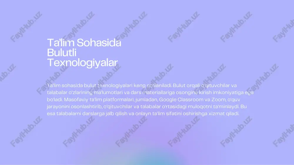 a media kontentni saqlash va yetkazishda bulutli texnologiyalardan keng foydalanadi. foydalanuvchilarning surat va videolarini bulutda saqlash, ulardan tezkor foydalanish imkonini yaratadi. misol uchun, youtube va facebook kabi platformalar video va tasvirlarni bulutda saqlaydi, bu esa ularga ko‘plab foydalanuvchilarga tez va sifatli xizmat ko‘rsatish imkonini beradi. ijtimoiy tarmoqlar va media ishlab chiqarish va sanoat sohasida iot (narsalar interneti) va avtomatlashtirish jarayonlari bulut texnologiyalari orqali kuzatiladi va boshqariladi. sanoat tizimlarini real vaqt rejimida kuzatish, ishlab chiqarish jarayonlarini optimallashtirish va avtomatlashtirish imkoniyatini beradi. iot sensorlari yordamida ma’lumotlarni real vaqt rejimida to‘plash va tahlil qilish orqali samaradorlik oshadi. ishlab chiqarish va sanoat sohasi marketing sohasida mijozlarning ehtiyojlarini aniqlash va ularga xizmat ko‘rsatish uchun crm (customer relationship management) tizimlari qo‘llaniladi. bulut texnologiyalari yordamida kompaniyalar mijozlar haqida katta hajmdagi ma'lumotlarni tahlil qilib, ularning ehtiyojlarini aniqlash va mos keluvchi marketing strategiyalarini ishlab chiqishi mumkin. marketing va mijozlar bilan aloqalar logistika va transport sohasida bulut texnologiyalari yuk tashish …