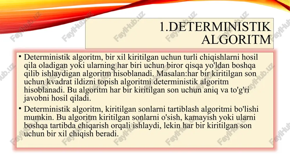 liyatiga ega bo'lgan algoritmlardan ko'ra osonroq va qulayroq yechimlash uchun foydalaniladi satrni teskari tartibda saralash evristik algoritmini ifodalaydi va u quyidagicha : def evristik_sort(s): return ''.join(sorted(s, reverse=true)) text = "hello, maftuna!" sorted_text = evristik_sort(text) print(sorted_text) 5.taqribiy algoritmlar taqribiy algoritmlar, oddiy ma'lumotlar tahlili va masala yechish uchun foydalaniladigan algoritm turi hisoblanadi. bu algoritmlar, darsda misol yechayotgan paytimizda ochiq ko'rib chiqiladigan muammolarni yechishda, oddiy yechimlarni qidirish uchun ishlatiladi. taqribiy algoritmlar qiziqarli masalalarni, shuningdek, ochiq ko'rib chiqiladigan va tez yechiladigan holatga o'girish uchun foydalaniladi. taqribiy algoritmlarga misol qilib taqribiy hisoblashga doir misollarni ko’rib chiqishimiz mumkin; pastga qarab taqribiy hisoblash matematik qoidalar asosida taqribiy hisoblash yuqoriga qarab taqribiy hisoblash 1.misol: a=8//3 print(a) 2-usuli a_int=int(a) print(a_int) natija:2 2.misol a=8/3 print(round(a)) natija:3 3.misol import math a=8/3 print(math.ceil(a)) natija:3 6.parallel algoritmlar parallel algoritm – parallel algoritmlarda muammo kichik muammolarga bo'linadi va individual natijalarni olish uchun parallel ravishda bajariladi. keyinchalik, ushbu individual chiqishlar yakuniy kerakli natijani olish uchun …
