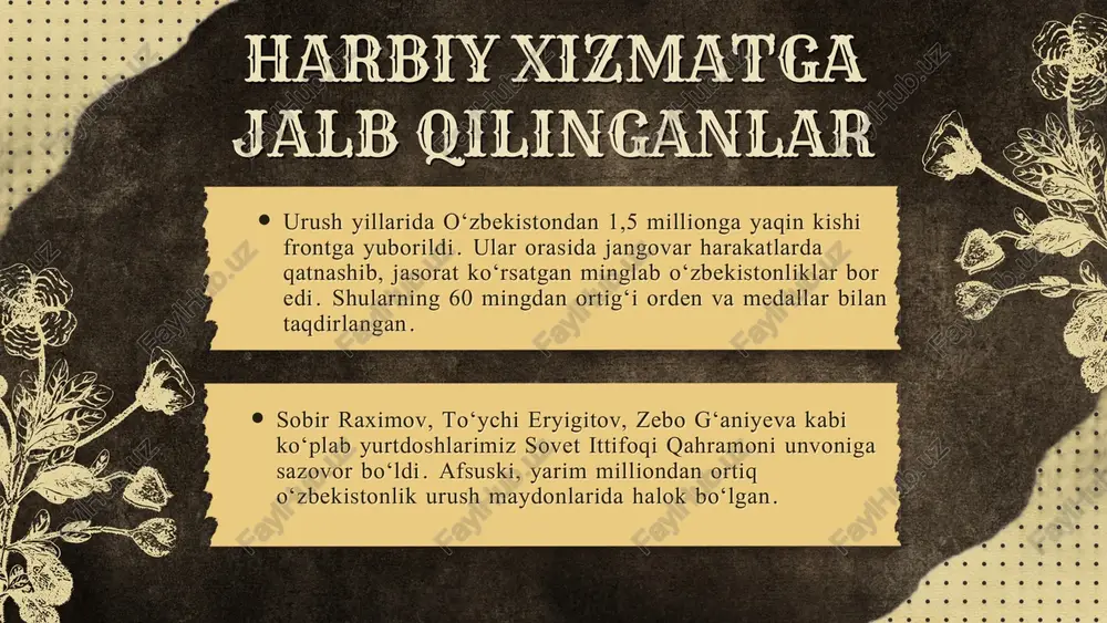 r. evakuatsiya va mehr-muruvvat evakuatsiya va mehr-muruvvat urush boshlangach, sovet ittifoqining markaziy va g‘arbiy hududlaridan millionlab odamlar, jumladan, bolalar, olimlar, yozuvchilar va san’atkorlar o‘zbekistonga evakuatsiya qilindi. faqat toshkent shahrining o‘ziga 200 mingdan ortiq odam joylashtirildi. urush boshlangach, sovet ittifoqining markaziy va g‘arbiy hududlaridan millionlab odamlar, jumladan, bolalar, olimlar, yozuvchilar va san’atkorlar o‘zbekistonga evakuatsiya qilindi. faqat toshkent shahrining o‘ziga 200 mingdan ortiq odam joylashtirildi. o‘zbekiston xalqi evakuatsiya qilinganlarga mehr-shafqat bilan yondashib, boshpana, oziq-ovqat va boshqa yordamlarni ko‘rsatdi. shu sababli, toshkent urush davrida “mehr-shafqat shahri” degan nomga sazovor bo‘lgan. o‘zbekiston xalqi evakuatsiya qilinganlarga mehr-shafqat bilan yondashib, boshpana, oziq-ovqat va boshqa yordamlarni ko‘rsatdi. shu sababli, toshkent urush davrida “mehr-shafqat shahri” degan nomga sazovor bo‘lgan. urush yillarida o‘zbekistondagi adiblar, san’atkorlar va olimlar frontdagi va orqa frontdagi xalqning ruhini ko‘tarishda muhim rol o‘ynadilar. adiblar g‘afur g‘ulomning “sen yetim emassan”, hamid olimjon, zulfiya kabi shoirlarning asarlari yurtdoshlarimizga ruhiy madad berdi. san’atkorlar, teatr truppalari frontga borib, jangchilar …