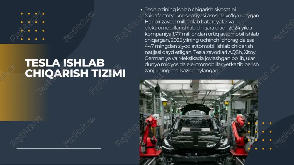 la kelajakda to‘liq avtonom haydovchi tizimlarini takomillashtirish, arzonroq elektromobillar ishlab chiqarish va energiya saqlash tizimlarini kengaytirish rejasini ishlab chiqmoqda. shuningdek, kompaniya batareyalarning qayta ishlanishi bo‘yicha yangi texnologiyalarni joriy etmoqda. maqsad — 2028 yilgacha ishlab chiqarish hajmini yiliga 3 million avtomobilgacha yetkazish. innovatsion strategiyalar tesla 2024 yilda 96 milliard aqsh dollari daromad qayd etgan, sof foydasi esa 15,2 milliard dollarni tashkil qilgan. kompaniya har yili o‘z ishlab chiqarish xarajatlarini kamaytirishga va marjinal foydani oshirishga intilmoqda. bozor kapitalizatsiyasi 2025 yil oktabr holatiga ko‘ra 780 milliard dollar atrofida baholanmoqda, bu esa uni eng qimmat avtomobil ishlab chiqaruvchiga aylantiradi. moliyaviy natijalar tesla elektromobil sanoatini tubdan o‘zgartirgan kompaniya sifatida global transport tizimining kelajagini shakllantirmoqda. kompaniyaning asosiy kuchi — texnologik yangilik, brend ishonchi va barqaror ishlab chiqarish tizimida. shunga qaramay, yangi raqobatchilar, siyosiy bosim va narx siyosati kelgusi yillarda tesla uchun sinov bo‘ladi. xulosa yakuniy fikr tesla — bugungi va ertangi transportning ramzi. uning muvaffaqiyati nafaqat …