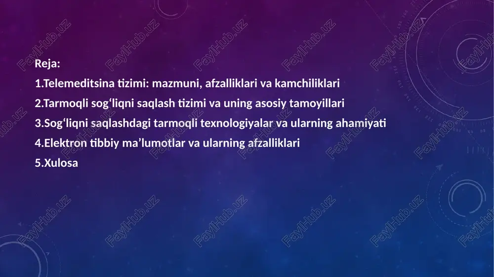 bbiyotning rivojlanishi birinchi teletibbiyotni amaliy asosga qo'yganmamlakat norvegiya bo'lib, u erda an'anaviy tibbiy yordam olish qiyin bo'lgan joylarko'p. ikkinchi loyiha frantsiyada fuqarolik va harbiy flot dengizchilari uchun amalgaoshirildi. hozirgi kunda ko'plab mamlakatlarda va xalqaro tashkilotlarda ko'plab teletibbiyot loyihalari ishlab chiqilmoqda. p&s market research ma'lumotlarigako'ra, 2016 yilda jahon teletibbiyot bozorining hajmi taxminan 18 milliard dollarnitashkil etdi jsst tibbiyotda ilmiy hujjatlar va ma'lumotlarning elektronalmashinuvini, telekommunikatsiya tarmoqlari orqali tezkor qidiruvni,videokonferentsiyalarni, sirtdan munozaralar va uchrashuvlarni, elektron ovozberishni o'z ichiga olgan tibbiyotda global telekommunikatsiya tarmog'ini yaratishloyihasini ishlab chiqmoqda. tibbiy telekommunikatsiyalarning xalqaro tarmoqlariham rivojlanmoqda, ular turli maqsadlarga qaratilgan: "satellife " tizimi -rivojlanayotgan mamlakatlarda tibbiy bilimlarni tarqatish va o'qitish uchun, " planetheres " - jsst tomonidan taklif qilingan global ilmiy telekommunikatsiyalar tizimi,xalqaro ilmiy tajriba. va ilmiy dasturlarni, boshqa tizimlar va tarmoqlarnimuvofiqlashtirish. tarmoqli sog‘liqni saqlash tizimining mazmuni va mohiyati tarmoqli sog‘liqni saqlash tizimi — bu axborot-kommunikatsiya tarmoqlari orqali tibbiy xizmatlar ko‘rsatish, ma’lumotlarni almashish va boshqarish imkonini beruvchi yagona …