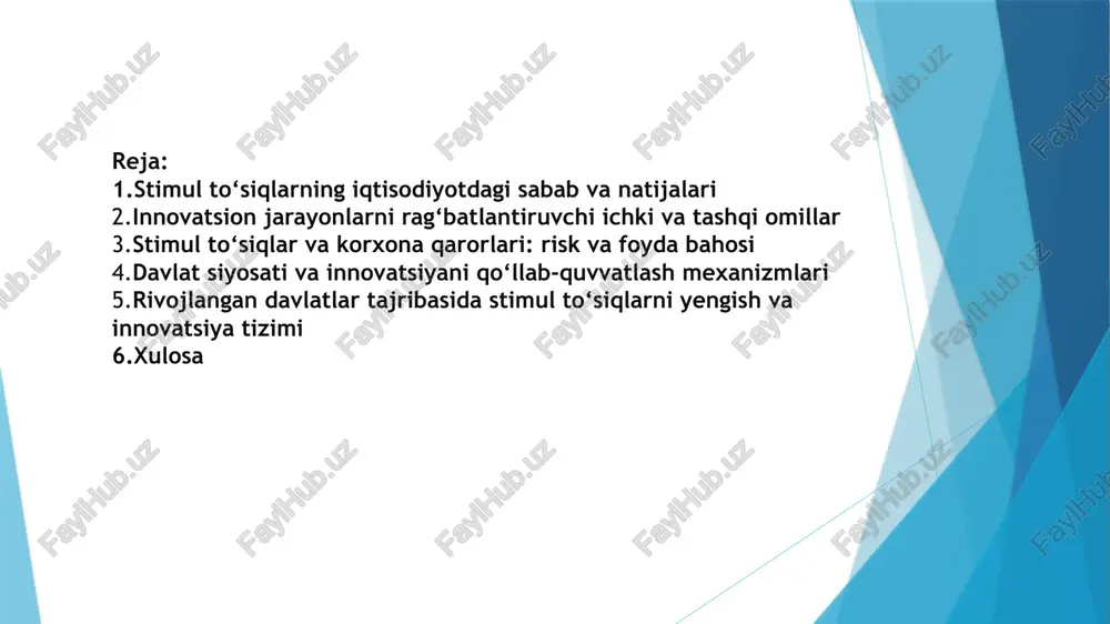 bahosi korxona innovatsion qarorlar qabul qilganda risk va foyda balansini baholaydi. stimul to‘siqlar riskni sun’iy ravishda oshiradi va korxona investitsiya kiritishdan voz kechadi. moliyaviy to‘siqlar (qimmat kredit, cheklangan grantlar), huquqiy noaniqlik va axborot yetishmovchiligi korxona qarorlarining samaradorligini pasaytiradi. innovatsion risk: yangi g'oyalarni yoki texnologiyalarni ishlab chiqishda duch kelishi mumkin bo'lgan xavf. bu yangilik bozorga talab qilinadigan darajada qabul qilinmasligi yoki loyiha muvaffaqiyatsiz yakunlanishi kabi holatlarni o'z ichiga oladi. bozor riski: mahsulot yoki xizmatlarga bo'lgan talabning kutilmagan o'zgarishidan kelib chiqadigan xavf. masalan, raqobatchilarning paydo bo'lishi yoki iste'molchilar xatti-harakatlarining o'zgarishi. riskni boshqarish: riskni tushunish va uning oqibatlarini yumshatish uchun choralar ko'rish jarayoni. bu innovatsion loyihalarda eng kam yo'qotishlar bilan muvaffaqiyatga erishishga yordam beradi. foyda – tovarlar va xizmatlarni sotishdan olingan daromadning bu tovarlarni ishlab chiqarish va sotish xarajatlaridan ortiq qismi. korxonalar va tadbirkorlar xoʻjalik faoliyati moliyaviy natijalarining asosiy koʻrsatkichlaridan biri. foyda pulda ifodalanadi. foyda bozor daromadi boʻlib, uning qonun-qoidalariga binoan vujudga keladi, …