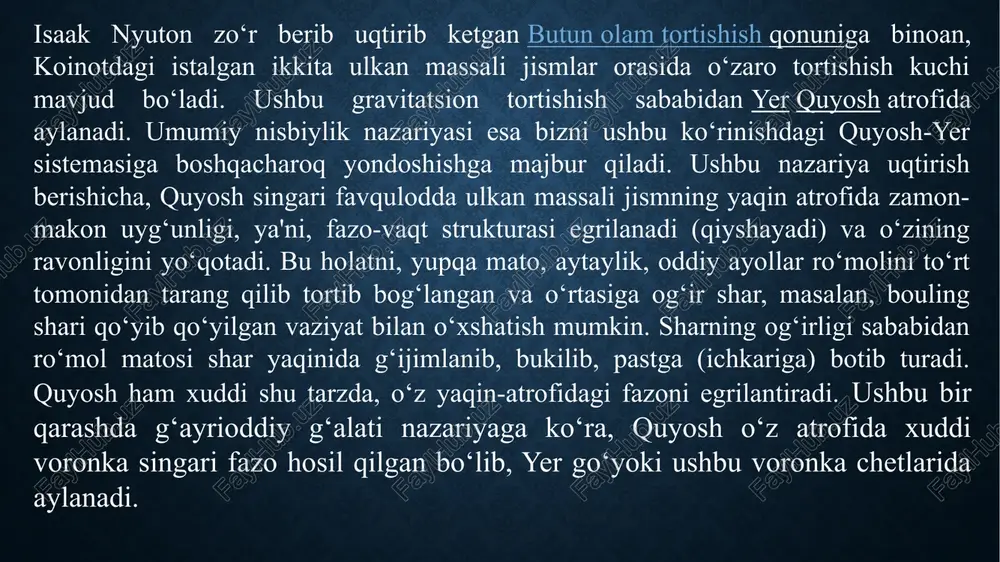 ud. bunday o‘ta katta massali qora tuynuklar galaktika markazidagi yulduzlararo gaz-chang moddasining aylanish xossalarini tahlil qilish orqali aniqlangan. kuzatishlarga ko‘ra, galaktika markaziga yaqin hududlardagi gazlarning bu tariqa favqulodda g‘ayritabiiy va shiddatkor aylanishining yagona sababi - ularning qora tuynukka juda yaqin masofada ekani bilan bog‘liqdir. ya'ni, galaktika markazida joylashgan qora tuynukning gravitatsiya maydonining favqulodda ulkan tortishish kuchi, unga yaqin hududda joylashgan o‘sha gazlarni shu tariqa shiddat bilan aylanishga majbur qiladi. nyuton mexanikasidan kelib chiqib bajarilgan oddiy matematik hisob-kitoblarning ko‘rsatishicha, galaktika markaziga yaqin hududdagi gazlarni bu darajada katta kuch bilan tortayotgan obyekt favqulodda kichik diametrga ega bo‘lgan holda, favqulodda ulkan massani tashkil qiladi. yulduz massasiga ega qora tuynuklar yulduzlar evolyutsiyasiga oid hozirgi zamon ta'limotiga ko‘ra, massasi bizning quyosh massasidan taxminan 30 barobardan kattaroq bo‘lgan yulduz o‘z umrining so‘nggi bosqichiga yetib kelganda, u o‘ta yangi yulduz chaqnashini namoyon qilgan holda portlab ketadi. portlash natijasida, endilikda yo‘qlikka yuz tutgan sobiq yulduzning tashqi qatlamlari koinotga …