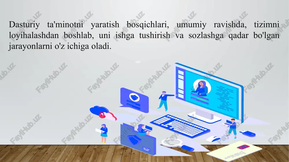 tish, xodimlar va administratorlar uchun xususiyatlar kabi, tuziladi. qo'llanma talablari: dastur qo'llanmasi va dokumentatsiyasi talablari, yani, dasturning ishlashini tushunish va unga qanday ishlov berishni o'rganish uchun qo'llanma talablari, ma'lumotlar bazasi skhemalari va dastur tuzilishi dokumentlari talablari kabi turlarni o'z ichiga oladi. tahlil va talablar tuzilishi jarayonida aniqlangan talablarning dastur tuzilishi va ishga tushirilishida qanday o'zgarishlar yuzaga kelishi, dastur davomida qanday tartibda ish olib borish talablari, va dastur funktsiyalarining qanday yopilishi yoki qo'shilishi kabi muhim qarorlar aniqlanadi. bu bosqichni diqqat bilan o'tkazish, dastur muvaffaqiyatini ta'minlash uchun juda muhimdir. dizayn bosqichi dastur tuzilishining qanday ko'rinishda bo'lishi haqida qaror qabul qilishni o'z ichiga oladi. bu bosqichda tuzuvchilar interfeys, ma'lumot bazalari, integratsiya va boshqa muhim elementlar haqida yechimlarni yaratishadi. loyihalash bosqichida dizayn, dastur tuzilishi va interfeysining qanday ko'rinishda bo'lishi kerakligini aniqlash va yaratishni o'z ichiga oladi. bu bosqichda dizaynning bir nechta asosiy qismlari mavjud dizayn bosqichida odatda prototiplar, sketlar, shablonlar va qo'llanmalar ishlatiladi, bu …