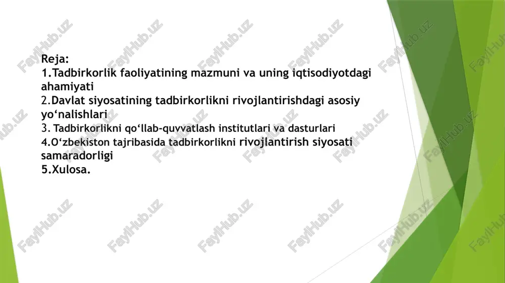 uhim yo‘nalishlaridan biridir. tadbirkorlik faoliyatini himoya qilish, ro‘yxatga olish jarayonlarini soddalashtirish, ortiqcha byurokratik to‘siqlarni bartaraf etish, soliq yukini kamaytirish kabi chora-tadbirlar doimiy ravishda amalga oshirilmoqda. “tadbirkorlik faoliyatining erkinligini kafolatlash to‘g‘risida”gi qonun, “kichik biznesni rivojlantirish dasturi”, “biznesni yuritish uchun qulay sharoit yaratish to‘g‘risida”gi farmonlar shu maqsadga xizmat qiladi. ushbu hujjatlar tadbirkorlarga mustaqil qaror qabul qilish, resurslardan samarali foydalanish va raqobatbardosh mahsulot ishlab chiqarish imkonini beradi. ikkinchidan, moliyaviy qo‘llab-quvvatlash siyosati tadbirkorlikni rag‘batlantirishda muhim o‘rin tutadi. davlat tomonidan imtiyozli kreditlar, subsidiyalar, grantlar va kafolatli moliyaviy vositalar taqdim etiladi. ayniqsa, yangi tashkil etilgan kichik biznes subyektlari uchun boshlang‘ich kapital ajratish, innovatsion g‘oyalarni moliyalashtirish va eksportga yo‘naltirilgan mahsulot ishlab chiqaruvchilarni qo‘llab-quvvatlash yo‘lga qo‘yilgan. shu bilan birga, “tadbirkorlikni rivojlantirish jamg‘armasi”, “biznes-inkubator” markazlari, tijorat banklari tomonidan tadbirkorlarga qulay shartlarda kredit ajratish amaliyoti yo‘lga qo‘yilgan. uchinchidan, soliq va bojxona imtiyozlari tadbirkorlikni rag‘batlantirish siyosatining muhim yo‘nalishlaridan biridir. kichik korxonalar uchun soddalashtirilgan soliqqa tortish tizimi, eksport qiluvchi tadbirkorlarga bojxona imtiyozlari, …