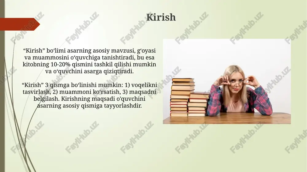 hlarni aniq talaffuz qilish uchun artikulyatsiya organlarini mashq qildiradi. nafas olish texnikalari, masalan, diafragma bilan nafas olish, ovozni nazorat qilish va ta'sirchan o'qish uchun muhim bo'lgan havo oqimini barqarorlashtirishga yordam beradi. xulosa xulosa, asosan, kitobning asosiy fikrlari va argumentlarining qisqa va aniq bayonidir, odatda, 200-300 so'zdan oshmaydi. u 3-5 ta asosiy nuqtani jamlaydi. xulosada muallifning maqsadini, asosiy dalillarni va muhim natijalarni, masalan, 7 asosiy topilmani ta'kidlash kerak, lekin yangi ma'lumotlar kiritilmasligi lozim. e'tiboringiz uchun rahmat image1.jpg image2.jpg image3.jpg image4.jpg image5.jpg image6.jpg image7.jpg image8.jpg image9.jpg image10.jpg image11.png image12.jpg image13.jpg