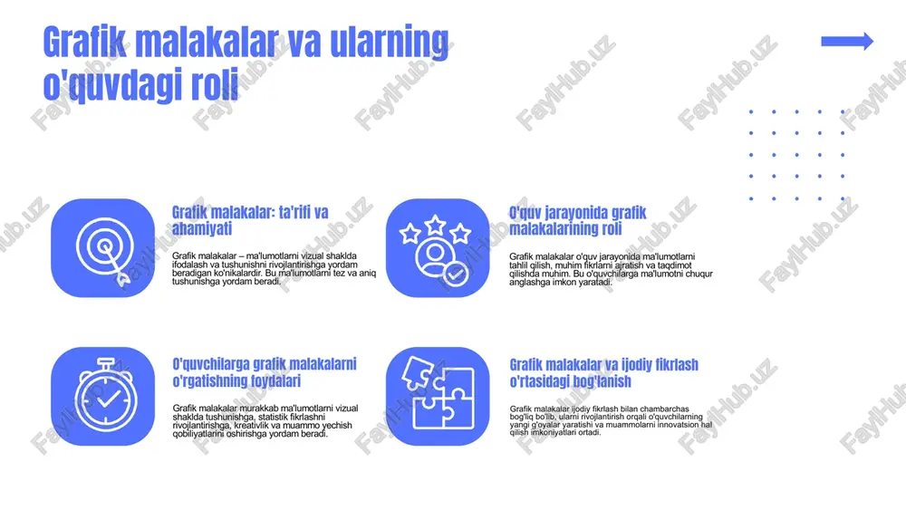 oto'g'ri talqin qilishdan himoya qiladi. grafiklar yordamida muammolarni hal qilish grafiklar muammo hal qilishda muhim vositadir. ma'lumotlarni vizual tarzda taqdim etib, muammo tomonlarini tezda aniqlashga yordam beradi. masalan, tendentsiyalarni ko'rish uchun grafiklar ishlatiladi. qaror qabul qilishda grafiklar qo'llab-quvvatlaydi. ular muammo xususiyatlarini aniqlash va variantlarning ta'sirini ko'rsatadi. masalan, bozor tendentsiyalarini baholash uchun iqtisodiy grafiklar foydalaniladi. amaliy misollar bilan grafiklar yordamida muammoni yechishni ko'rsatamiz. masalan, ishlab chiqarish hajmini aniqlashda grafiklar resurslar va xarajatlarni tahlil qilishda yordam beradi. grafiklar va ijodiy yechimlar grafiklar g'oyalarni vizual tarzda ifodalashda yordam beradi, muammolarni tahlil qilish va alternativalarni solishtirish uchun foydalaniladi. dizayn, arxitektura va muhandislik kabi sohalarda keng qo'llaniladi, yangi fikrlar ishlab chiqishda muhim rol o'ynaydi. photo by diana light on unsplash xulosa ushbu slayd grafik malakalarining ta'lim va amaliyotdagi ahamiyati va rivojlantirish usullarini umumiy tarzda yoritadi. zamonaviy texnologiyalar va metodlar bilan grafik malakalarni rivojlantirish kelajak uchun muhimdir. bu malakalar fikrlarni vizual tarzda ifodalash, ijodiy fikrlash va …