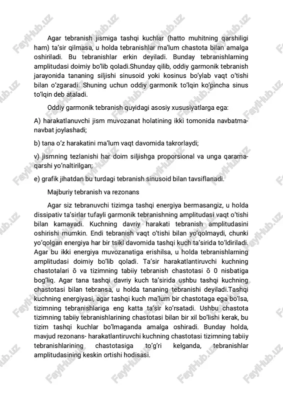 i, agar tashqi kuch ma’lum bir chastotaga ega bo’lsa, tizimning tebranishlariga eng katta ta’sir ko’rsatadi. ushbu chastota tizimning tabiiy tebranishlarining chastotasi bilan bir xil bo’lishi kerak, bu tizim tashqi kuchlar bo’lmaganda amalga oshiradi. bunday holda, mavjud rezonans- harakatlantiruvchi kuchning chastotasi tizimning tabiiy tebranishlarining chastotasiga to’g’ri kelganda, tebranishlar amplitudasining keskin ortishi hodisasi. mexanik to’lqinlar tebranishlarning bir joydan ikkinchi joyga tarqalishi to’lqin harakati yoki oddiygina deyiladi to’lqin.mexanik to’lqinlar muhit zarralarining o’rtacha holatidan oddiy garmonik tebranishlari natijasida hosil bo’ladi. shu bilan birga, muhitning moddasi bir joydan ikkinchi joyga o’tmaydi. ammo energiyani bir-biriga o’tkazadigan muhit zarralari mexanik to’lqinlarning tarqalishi uchun zarurdir.shunday qilib, mexanik to’lqin bu muhitdan ma’lum tezlikda, shaklini o’zgartirmasdan o’tib ketadigan moddiy muhitning buzilishidir. agar tosh suvga tashlangan bo’lsa, atrof- muhit buzilgan joydan bitta to’lqin oqib chiqadi. biroq, to’lqinlar ba’zan davriy bo’lishi mumkin. misol uchun, tebranish vilkasi atrofidagi havoning o’zgaruvchan siqilishi va depressiyasini hosil qiladi. ovoz sifatida qabul qilingan bu buzilishlar vaqti-vaqti bilan …