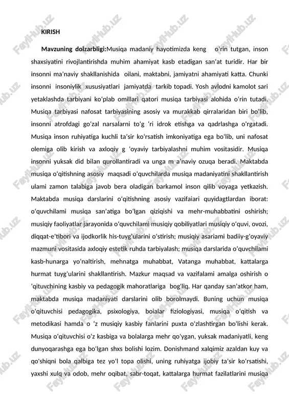 kazidadir. 0 ‘qituvchilik kasbi sharafli, lekin juda murakkab kasbdir, o‘qituvchi musiqa nazari-yasini egallashi bilan birga, bolalami sevishi, pedagogik amaliyotni ham o‘tgan boiishi kerak. chunki, maktab hayotidagi pedagogik jarayon juda xilma-xildir. bu esa musiqa o‘qituvchisidan puxta bilim, amaliy tayyorgarlikni, yuksak pedagogik mahorat va ijodkorlikni talab etadi. b o‘lajak musiqa o ‘qituvchisi kiyinish madaniyati va nutq madaniyatiga ega bo‘lishi kerak. u o ‘qituvchilik kasbini va bolalami yaxshi ko‘rishi hamda ularni barkamol insonsifatida kamol topishiga ko‘maklashishi, har bir darsni o ‘quvchilarni hayot tajribasiga bolg`lagan holda olib borishi, hilma-hil metodlar, innovatsion texnologiyalar, ko ‘rgazmali qurollar, kompyutnr slayd, tarqatma materiallaridan foydalanishi kerak. 0`z kasbiy mutaxassisligini puxta egallagan bo‘lishi, bolalar ovoziga o‘zining ovozini moslab kuylay olishi, ijrochilik mahoratiga ega bo‘lishi, sinfdan tashqari to‘g ‘araklarga o‘quvchilarni jalb etish bilan turli tanlovlarda, tadbirlarda o‘quvchi!ar faol ishtirok etishi kerak, 0 ‘qituvchi har bir darsini senariy muallifi, artisti, ijrochisi hamda rejissyori bolishi bilan birga zamon bilan hamnafas qadam tashlashi muhim …