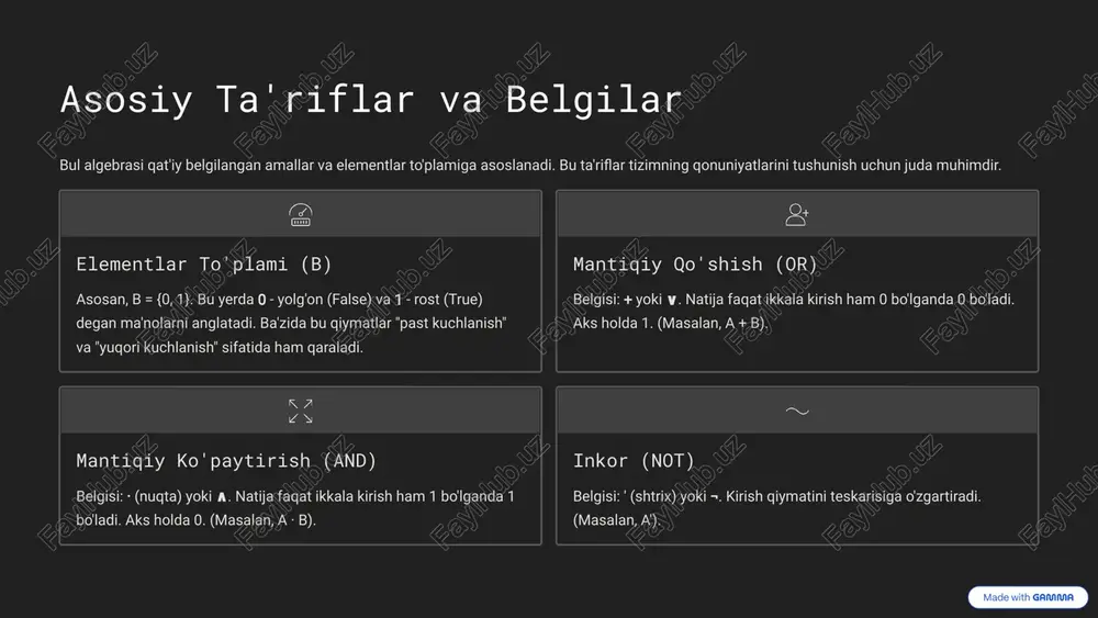 volyutsiya qonunlari bul algebrasi ifodalarini soddalashtirishda eng ko'p ishlatiladigan vositalardir. ular mantiqiy sxemalarni optimallashtirishga imkon beradi. yutilish (absorbtsiya) qonunlari bu qonunlar shuni ko'rsatadiki, agar bir o'zgaruvchi boshqa bir murakkab ifoda ichida ham mavjud bo'lsa, natija oddiy o'zgaruvchining o'ziga teng bo'ladi. ushbu xususiyat takrorlanuvchi amallarni yo'qotadi. a + (a · b) = a a · (a + b) = a involyutsiya qonuni involyutsiya (yoki ikki inkor) qonuni: (a')' = a. bu raqamli sxemalarda signallarni qayta tiklash yoki oddiy inverterlarni bekor qilish uchun juda muhimdir. 7 de morgan qonunlari va ularning ahamiyati de morgan qonunlari bul algebrasining eng kuchli vositalaridan bo'lib, murakkab mantiqiy ifodaning inkori qanday ekanligini aniqlashga yordam beradi. birinchi qonun: qo'shish inkori (a + b)' = a' · b' mantiqiy qo'shish (or) ning inkori, inkordan keyin bajarilgan mantiqiy ko'paytirish (and) ga teng. ikkinchi qonun: ko'paytirish inkori (a · b)' = a' + b' mantiqiy ko'paytirish (and) ning inkori, inkordan keyin …