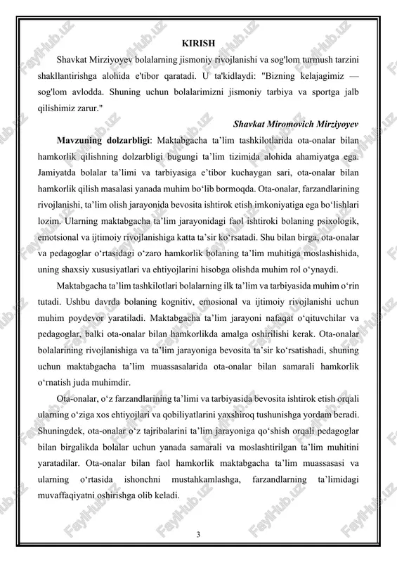 h va amaliy jihatlarni aniqlashdir. ushbu kurs ishida ota-onalar bilan hamkorlikning bolalar rivojlanishiga qanday ta’sir ko‘rsatishi, maktabgacha ta’lim muassasalarida o‘zaro hamkorlikni samarali tashkil etish uchun zarur bo‘lgan shart-sharoitlar va usullar ko‘rib chiqiladi. shuningdek, ota-onalar va pedagoglar o‘rtasidagi muloqot, ularning ta’limdagi o‘rni, bolalar ta’limi va tarbiyasida hamkorlik qilishning qanday ijobiy natijalar berishi, jamiyatda ta’lim tizimini yaxshilashga qanday hissa qo‘shishi tahlil etiladi. ota-onalar bilan hamkorlik qilishning dolzarbligi va zaruriyatini ko‘rsatish, maktabgacha ta’lim tashkilotlarining o‘quvchilarni tarbiyalashdagi muvaffaqiyatini oshirishda bu hamkorlikning o‘rni va rolini aniqlashdir. shuningdek, ota-onalar bilan hamkorlikni rivojlantirish uchun pedagogik yondashuvlar va metodlarni takomillashtirish, samarali hamkorlikning o‘ziga xos xususiyatlarini belgilash hamda amaliy tavsiyalar ishlab chiqish kurs ishining asosiy maqsadlaridan biridir. bu jarayon bolalar rivojlanishiga eng yaxshi ta’sir ko‘rsatadigan sharoitlarni yaratishga yordam beradi.nachalo formi konets formi maktabgacha ta'lim tashkilotida ota-onalar bilan hamkorlik juda muhim ahamiyatga ega. bu hamkorlik maktabgacha ta’lim jarayonining samaradorligini oshiradi va bolalarning to‘liq rivojlanishiga yordam beradi. ota-onalar farzandlarining ta’lim va …