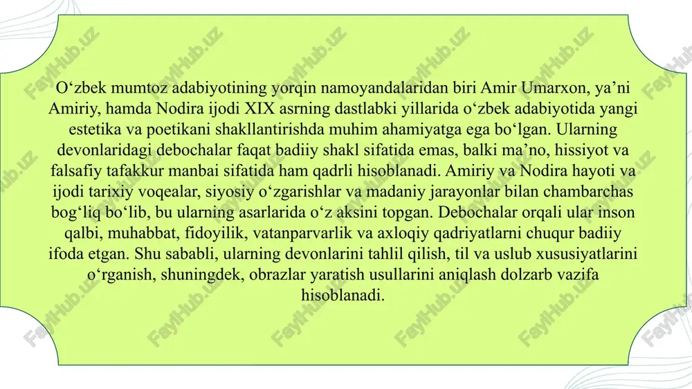 uningdek, o‘z zamonasining ijtimoiy va siyosiy sharoitidan ilhomlangan. uning devoni o‘sha davrning ijtimoiy hayoti va shaxsiy his-tuyg‘ularini aks ettiradi. nodira she’riyatda an’anaviy va zamonaviy elementlarni uyg‘unlashtirishga intilgan. u saroy madaniyatini rivojlantirishga katta hissa qo‘shgan. nodira ijodi orqali o‘sha davrning qadriyatlari, odatlari va insoniy munosabatlari haqida tushuncha beradi. amiriy va nodira devonlari qo‘qon xonligi siyosiy va madaniy hayoti bilan chambarchas bog‘liq. o‘sha davrda ijtimoiy hayot qattiq ierarxiya asosida tashkil etilgan edi. saroy muhiti, xonlik siyosati, xalqning kundalik hayoti va ijtimoiy odatlar shoirlarning ijodiga ta’sir qilgan. madrasalar va ilm maskanlari adabiy bilimlarni rivojlantirishga xizmat qilgan. ularning she’riyatida xalq og‘zaki ijodi va an’anaviy madaniyatning ta’siri seziladi. shu bilan birga, ijtimoiy va siyosiy voqealar, xonlikning ichki va tashqi muammolari ham devonlarda aks etgan. amiriy va nodira ijodi o‘z davrining qadriyatlarini va insoniy munosabatlarini badiiy tarzda yoritgan. saroy madaniyati ularning badiiy uslubini shakllantirishda muhim rol o‘ynagan. shu tariqa, devonlar o‘sha davrning siyosiy, ijtimoiy va ma’naviy …