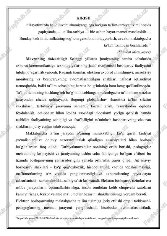 sifat bag‘ishlaydi. ota-onalar uchun qulay mobil ilovalar, farzandining bog‘chadagi faoliyati, ovqatlanishi, uyqu rejimi va mashg‘ulotlarda ishtiroki haqida muntazam ma’lumotlar olish imkoniyati ularning tashkilot faoliyatiga bo‘lgan ishonchini kuchaytiradi. bu esa o‘z navbatida ta’lim muassasasi bilan ota-ona o‘rtasidagi hamkorlikni mustahkamlab, tarbiyaviy jarayonning uzviyligini ta’minlaydi. raqamli boshqaruvning bunday imkoniyatlari maktabgacha ta’lim muassasasini zamonaviy talablar asosida faoliyat yurituvchi tashkilotga aylantiradi. maktabgacha ta’lim tizimida e-menejmentning joriy etilishi jarayonida, albatta, bir qator metodik, texnik, tashkiliy va psixologik muammolar uchrashi mumkin. xodimlarning raqamli ko‘nikmalarining yetarli emasligi, texnik vositalarning eskirganligi, internet tarmog‘ining yetarli darajada barqaror bo‘lmasligi, dasturiy ta’minotning murakkabligi yoki metodik qo‘llanmalarining kamligi ushbu jarayonga to‘sqinlik qilishi mumkin bo‘lgan omillardir. shu sababli elektron boshqaruvni samarali joriy etish uchun bosqichma-bosqich rejalashtirish, tizimli o‘quv seminarlari, texnik va metodik ta’minotni yaxshilash hamda e-menejmentning ustunliklarini xodimlarga chuqur tushuntirish muhim ahamiyat kasb etadi. yana bir muhim jihat shundaki, elektron boshqaruv tizimlarining to‘liq joriy etilishi maktabgacha ta’lim muassasalarida shaffoflikni ta’minlaydi. har bir ma’lumot yagona …