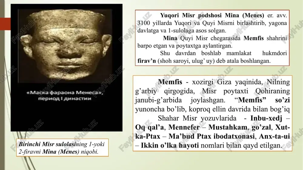 firavn xufu (tahminan er. avv. 2589-2566) ning toshga ishlangan xaykali. qohiradagi misr muzeyi. podsho xeops (xufu) (er. avv. 2589-2566) davrida mamlakat yanada kuchayadi. uning hukmronlik davrida misrdagi eng baland piramida qurilgan. gizadagi xeops piramidasi eng baland va mashhur piramidadir. geradotning yozishicha, bu piramida 30 yil davomida qurilgan. piramidaga 2 mln 300 ming atrofida tosh bloklari ishlatilgan. ularning og’irligi 2.5 tonnadan - 15 tonnagacha. xeops shu piramidaga qo’yilgan. firavn xafra (tahminan er. avv. 2547-2521) xaykali. qohiradagi misr muzeyi. firavn xafra davrida (er. avv. 2547-2521) (geradotning yozishicha xeopsning ukasi) ham taraqqiyot davom etgan. misr qudratli davlat hisoblangan. xafra davrida gizada qurilgan piramida balandligi 143,9 metr bo’lgan. shuningdek, gizadagi mashhur sfinks (boshi odam, tanasi she’r) ham aynan xafra davrida bunyod etilgan. firavn xafra (tahminan er. avv. 2514-2486) xaykali. boston muzeyi. menkaura (er. avv. 2514-2486, geradot va diodorning yozishicha xeopsning o’g’li) davrida misr o’z qudratini saqlab qolgan. menkaura davrida qurilgan piramida misrdagi eng mashhur …