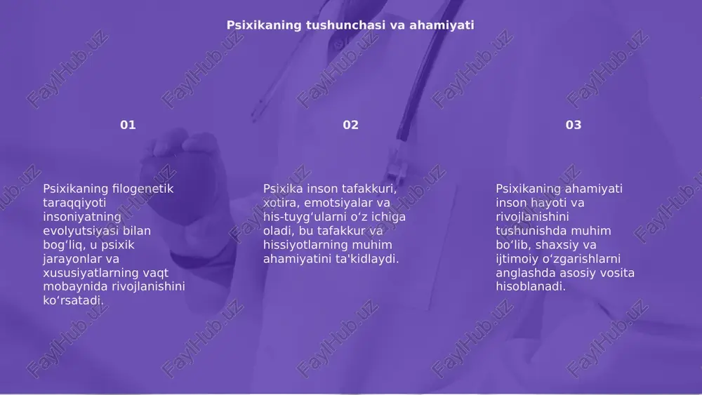 hayvonlar orasida muhim farqlarga olib keladi. 03 filogenetik rivojlanish psixikaning rivojlanish tarixini o'rganishda yordam beradi. bu jarayon yordamida psixik jarayonlarning kelib chiqishini tushunamiz. miyya tuzilishi va psixikaning evolyutsiyasi psixikaning filogenetik taraqqiyoti insoniyat evolyutsiyasining muhim qismi bo'lib, biologik va madaniy omillar bilan chambarchas bog'liqdir. bu jarayon biological rivojlanishni va murakkab fikrlarni shakllantirishni ta'minlaydi. kelajakda psixikaning evolyutsiya tendensiyalari texnologik rivojlanish va sun'iy intellekt bilan bog'liq bo'lib, inson fikrlash va sezgi jarayonlarini qanday o'zgartishini ko'rsatadi. bu inson va mashinalar aloqasini chuqurlashtiradi. bilimlarni kengaytirib, emociyalar va aqliy jarayonlar chuqurlashadi, bu esa insoniyatning mehnat, madaniyat va ijtimoiy tuzilmasining rivojlanishiga ta'sir qiladi. bu kelajakdagi psihoz'larni shakllantiradi. psixikaning kelajakdagi evolyutsiya tendensiyalari e’tiboringiz uchun rahmat slide 1 slide 2 psixikaning tushunchasi va ahamiyati filogenetik taraqqiyotning asosiy tushunchalari slide 5 nesil va evolyutsiya ta'siri psixikaga baliq va amfibiy psixika tarixi qushlar va sutemizuvchilarda psixikaning rivojlanishi miyya tuzilishi va psixikaning evolyutsiyasi psixikaning kelajakdagi evolyutsiya tendensiyalari e’tiboringiz uchun rahmat
