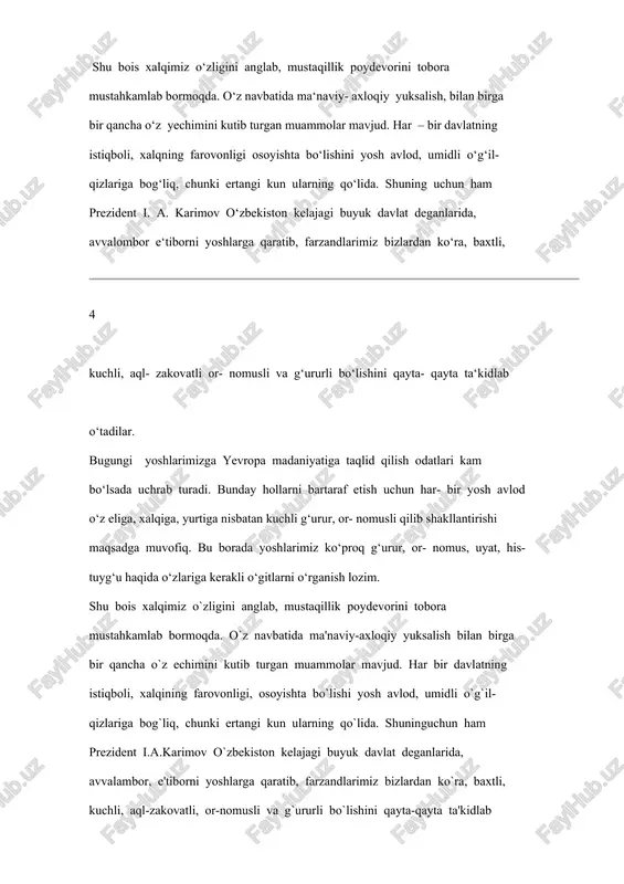 huqur anglab yetish, ona tili, dini, tarixi, madaniyati, adabiyoti va san‘ati, urf- odatlari, rasm-rusumlari, bayramu, sayillaridan fahrlanish tushuniladi. milliy g‗urur milllatning vujudga kelishi, shakllanishi bilan paydo bo‗ladi va rivojlana boradi. millatning vujudga kelishi va rivojlanishi bevosita vatan ravnaqiga bog‗liq bulganligi uchun milliy g‗urur taraqqiyoti va yuksalishi ham vatan taraqqiyotiga bog‗liqdir. shuning uchun ham milliy g‗urur-vatanga bo‗lgan sadoqat, mehr- muhabbat, bir so‗z bilan aytganda vatanparvarlikda yaqqol namoyon bo‗ladi. lekin o‗zoq yillar davomida o‗z qadriyatlarimizni eslash ham tadqiq etilgan, xalq milliy g‗ururdan mahrum bo‗la boshlagan edi. 0‗sha davrlarda milliylik so‗zini aytisbiing o‗zi og‗ir oqibatlarga olib kelishi mumkin edi. bir so‗z bilan aytganda milliy gururimiz uzoq zamonlar toptaldi. mamlakatimiznmg mustaqil bo‗lishi, o‗z 5 davlatchiligimizning qaror topshi bilan xalqimizning milliy xis-tuyg‗ulari uyg‗onib, miljiy g ‗uruming nafaqat tiklanishi, balki uningyanada yuksalishi uchun ham mifstahkam zamin yaraldi. milliy g‗ururdek tabarrukxis qalbiga jo bo‗lgan inson o‗zligining butun talantini, iste‘dodini, kuch-qudratini shu xalqqa, millatga, shu yurtga safarbar etishga …