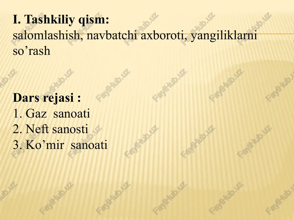 allari - 5,5% yengil sanoat - 12,9% oziq-ovqat sanoati - 13,2% bohqa tarmoqlar - 5,8% 7.7 18 2.6 10 5.5 17.5 1.3 5.5 12.9 13.2 5.8 gaz sanoati. yoqilg’i sanoatining eng yoh tarmog’i bugan gaz sanoati keying yillarda jadal rivojlanmoqda . gaz – yoqilg’ining juda arzon turi. gazdan sanoatda ham, maishiy hayotda ham foydalaniladi. gaz qimat baxo kimyuoviy xomashoy hamdir. yoqilg’ining boshqa turlariga qaraganda gaz havoni kam iflolantiradi. mamlakatimizda ko’mir va neftga nisbatdan tabiiy gaz ancha ko’p. aniqlangan gaz zaxirasi 2 trillion kub metrga yaqin. gaz konlari neft konlari bilan yonma-yon joylashgan. gazning ozroq qismi neft bilan birga qazib chiqariladi, lekin gazning asosiy qismi sof gaz konlaridan olinadi. respublikamizda o’tgan asrning o’rtalarida dastlab farg’ona vodiysidagi neft konlarida uchraydigan yo’ldosh gazdan sanoatda va axolining maishiy ehtiyojida foydalanila boshlandi. 1950-yillarda o’zbekistonda jami 9 million kub metr tabiiy gaz qazib chiqarilgan bo’lsa, endilikda yiliga qazib olinayotgan gaz 60 mlrd kub metrdan ortadi. tabiiy …
