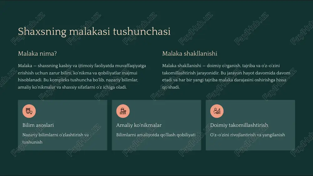 misol: taniqli tadbirkor elon musk kuniga 100 soat ishlash odatiga ega bo'lib, vaqtni 5 daqiqalik bloklarga bo'lib rejalashtiradi. bu intizom va vaqtni boshqarish odatlari uning ko'plab kompaniyalarni muvaffaqiyatli boshqarishiga yordam beradi. salbiy odatlar va ularni yengish yo'llari salbiy odatlarning ta'siri salbiy odatlar malaka rivojiga jiddiy to'sqinlik qiladi va shaxsiy o'sishni sekinlashtiradi. ular vaqt va energiyani behuda sarflashga olib keladi. kechikish va vaqtni noto'g'ri boshqarish e'tiborni jamlashda qiyinchilik doimiy kechiktirish (prokrastinatsiya) salbiy fikrlash va o'z-o'zini tanqid qilish muammoni aniqlash salbiy odatni tan olish va uning sabablarini tushunish 3 birinchi qadam o'zgarish rejasi aniq maqsad qo'yish va kichik, amalga oshiriladigan qadamlar belgilash qo'llab-quvvatlash atrofdagilardan yordam olish va ijobiy muhit yaratish refleksiya va nazorat o'z harakatlarini muntazam tahlil qilish va takomillashtirish psixologik yondashuv: o'zgarish uchun eng samarali usul 3 salbiy odatni ijobiy bilan almashtirish. masalan, telefon bilan vaqt o'tkazish o'rniga kitob o'qish odatini shakllantirish. odatlar 3 shaxsiy muvaffaqiyat kaliti ertalabki samarali odatlar kunning …