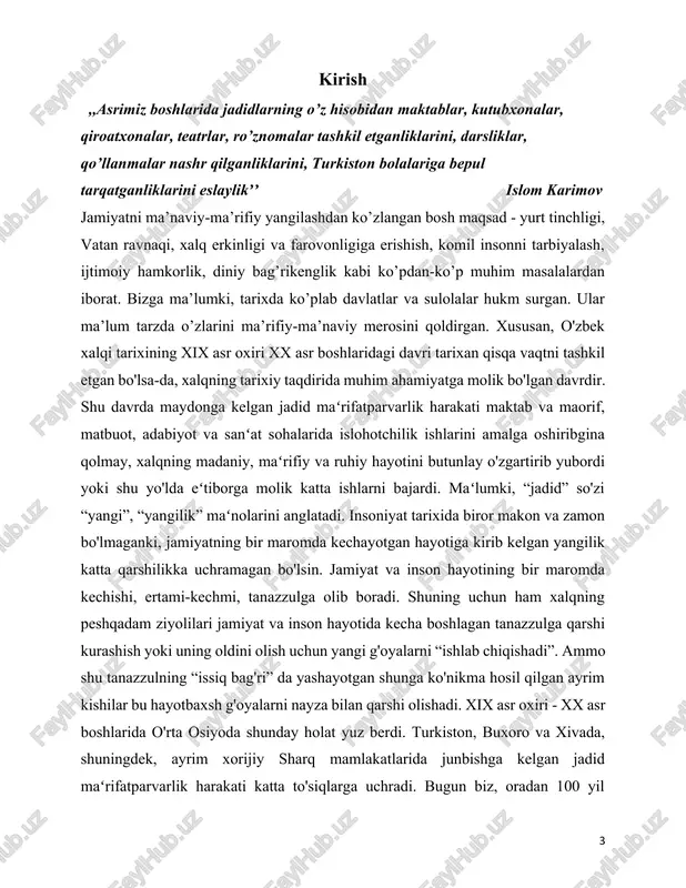 ston oʻlkasida jadidchilik harakatining vujudga kelishi xix asr oxiri-xx asrning boshlarida siyosiy, madaniy, iqtisodiy jixatdan inqiroz xolatiga tushib qolgan, mustamlaka tufayli rivojlanish past darajada bo’lgan o’lkada turkiston ziyolilari chor rossiyasining mustamlakachilik zulmidan qutulish, o’z milliy davlatchiligini tuzish, iqtisodiy va madaniy taraqqiyotga yo’l ochish, xalqqa ziyo tarqatish choralarini ko’rdi. bu borada jadidchilik xarakati katta rol o’ynadi. turkistonning asl farzandlari boʻlmish jadidlar oʻzlari uzoq yillar gʻoyaviy jihatdan tayyorlagan milliy ozodlik qoʻzgʻoloniga ozlari rahbarlik qildilar. jadidchilik rus mustamlaka siyosatiga qarshi milliy demokratik xarakat bo’lib, u o’sha davr turkistondagi qoloq iqtisodiy, ijtimoiy va madaniy sharoitda yashayotgan xalqlarni ma’rifatlashtirish, jamiyat xayotida ijtimoiy va madaniy isloxotlar o’tkazish, pirovardida milliy mustaqillik g’oyalarini xayotga tadbiq etish maqsadini o’z oldiga qo’ygan edi. jadidchilik avvaliga madaniyat sohasidagi harakat sifatida faoliyat yuritgan. bu oqim vakillari taraqqiyot uchun kurashish, turkiy tillarni rivojlantirish, shu tillardagi adabiyotni boyitish, dunyoviy ilmlarni o’rganish, fan yutuqlaridan foydalanish, hamda ayollar va erkaklar tengligi uchun kurashishga chaqirishgan. keyinchalik jadidchilar …