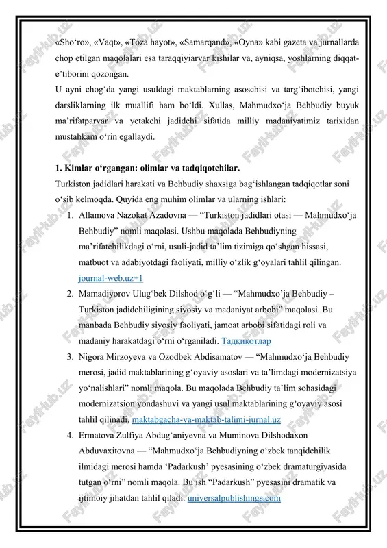 larning asoschisi va targ‘ibotchisi, yangi darsliklarning ilk muallifi ham bo‘ldi. xullas, mahmudxo‘ja behbudiy buyuk ma’rifatparvar va yetakchi jadidchi sifatida milliy madaniyatimiz tarixidan mustahkam o‘rin egallaydi. 1. kimlar o‘rgangan: olimlar va tadqiqotchilar. turkiston jadidlari harakati va behbudiy shaxsiga bag‘ishlangan tadqiqotlar soni o‘sib kelmoqda. quyida eng muhim olimlar va ularning ishlari: 1. allamova nazokat azadovna — “turkiston jadidlari otasi — mahmudxo‘ja behbudiy” nomli maqolasi. ushbu maqolada behbudiyning ma’rifatchilikdagi o‘rni, usuli-jadid ta’lim tizimiga qo‘shgan hissasi, matbuot va adabiyotdagi faoliyati, milliy o‘zlik g‘oyalari tahlil qilingan. journal-web.uz+1 2. mamadiyorov ulug‘bek dilshod o‘g‘li — “mahmudxo’ja behbudiy – turkiston jadidchiligining siyosiy va madaniyat arbobi” maqolasi. bu manbada behbudiy siyosiy faoliyati, jamoat arbobi sifatidagi roli va madaniy harakatdagi o‘rni o‘rganiladi. tadqiqotlar 3. nigora mirzoyeva va ozodbek abdisamatov — “mahmudxo‘ja behbudiy merosi, jadid maktablarining g‘oyaviy asoslari va ta’limdagi modernizatsiya yo‘nalishlari” nomli maqola. bu maqolada behbudiy ta’lim sohasidagi modernizatsion yondashuvi va yangi usul maktablarining g‘oyaviy asosi tahlil qilinadi. maktabgacha-va-maktab-talimi-jurnal.uz 4. …