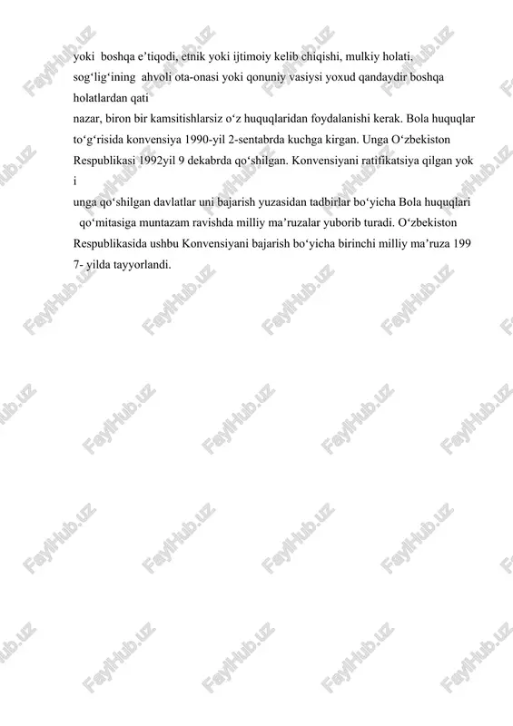 mamlakatimizda inson huquqlariga oid xalqaro huquqning umum e’tirof etilgan tamoyillariga tayanib, bola huquqlarini himoya qilish tizimini bosqichma- bosqich isloh etish, bola huquqlariga oid xalqaro huquq normalarini milliy qonunchilikka implementatsiya qilish va qonunchilikni takomillashtirishga jiddiy e’tibor qaratildi. bu borada voyaga yetmaganlarni moddiy va ma’naviy jihatdan qo‘llab-quvvatlashni ko‘zda tutuvchi muhim islohotlar amalga oshirildi. ayniqsa, “bola huquqlarining kafolatlari to‘g‘risida”gi qonunning amalga kiritilgani mamlakatimizda bola huquqlariga oid yaxlit, kodifikatsiyalashgan milliy qonunchilik tizimining yaratilishiga huquqiy poydevor vazifasini o‘tadi. o‘zbekistonda bola huquqlari bo‘yicha 100 dan ziyod qonunlar, prezident farmonlari, vazirlar mahkamasi qarorlari va boshqa me’yoriy-huquqiy hujjatlar qabul qilingan. eng muhimi, mamlakatimizda bola huquqlari va manfaatlarini himoya qilish bo‘yicha kompleks huquqiy asoslar yaratildi. ayniqsa, 2008 yil 8 yanvarda amalga kiritilgan “bola huquqlarining kafolatlari to‘g‘risida”gi qonun o‘zbekistonda bola huquqlariga oid birinchi tarixiy hujjat bo‘ldi. mazkur qonunning qabul qilinishi, birinchidan, bola huquqlariga oid qonun hujjatlarining kodifikatsiya qilinishiga zamin yaratishga, ikkinchidan, bmtning bola huquqlari to‘g‘risidagi konvensiyasida belgilangan bola huquqlarini himoya …