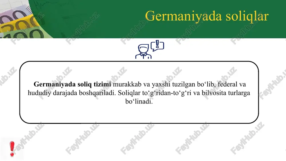 lash uchun hududiy soliq boshqarmalari (finanzämter) bilan hamkorlik qiladi. 3 soliq tushumlarini monitoring qiladi va yei va xalqaro soliq standartlariga rioya qilinishini ta’minlaydi. soliq nazoratini tashkil etish elster tizimi (to‘liq nomi: elektronische steuererklärung, ya’ni “elektron soliq deklaratsiyasi”) germaniyaning soliq deklaratsiyalari va ularga tegishli jarayonlarni boshqarish uchun rasmiy onlayn platformasidir. bu tizim germaniya soliq organlari tomonidan soliq deklaratsiyasini soddalashtirish va samaradorligini oshirish maqsadida ishlab chiqilgan. elster veb-sayti: https://www.elster.de this presentation uses a free template provided by fppt.com www.free-power-point-templates.com elster tizimi elektron soliq deklaratsiyasi topshirish jismoniy shaxslar va bizneslar o‘zlarining daromad solig‘i, qqs va korporativ soliq deklaratsiyalarini onlayn topshirishlari mumkin. qog‘oz shaklidagi deklaratsiyalarga ehtiyoj qolmaydi. this presentation uses a free template provided by fppt.com www.free-power-point-templates.com elster tizimi qulayliklar jismoniy shaxslar va bizneslar uchun germaniya bo‘ylab foydalanish imkoniyati mavjud. har xil soliq turlari, jumladan jismoniy shaxs daromad solig‘i, korporativ soliq va savdo solig‘ini qo‘llab-quvvatlaydi. this presentation uses a free template provided by fppt.com …