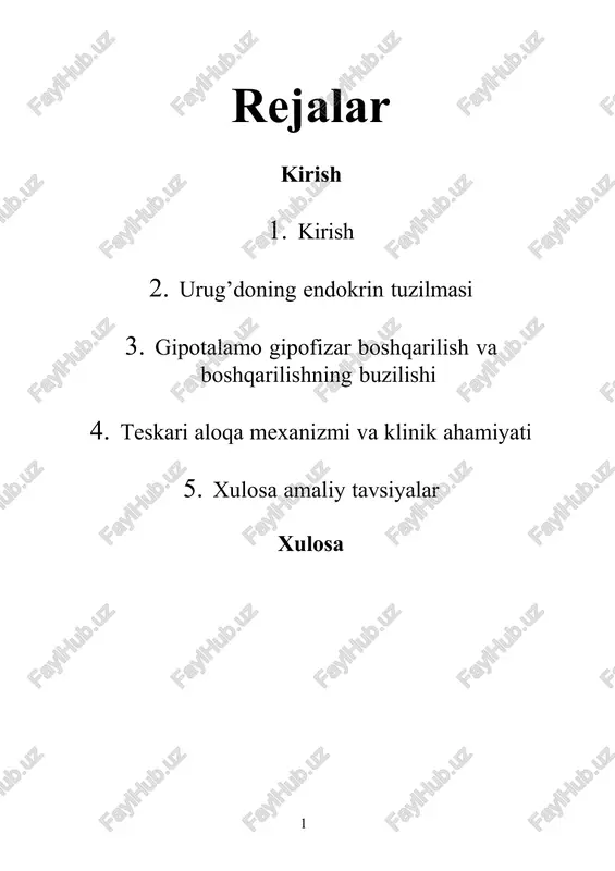 in faoliyat jinsiy gormonlarni sintez qilish va ajratish jarayonini o’z ichiga oladi. bu gormonlar erkak jinsiy xususiyatlarini, sperma ishlab chiqarishni va umumiy jinsiy faoliyatni nazorat qiladi. testosteron kabi asosiy androgenlar urug’donlar tomonidan ishlab chiqarilib, qon aylanish tizimi orqali butun tanaga tarqatiladi. shu bilan birga, urug’donlarda inhibin gormoni ham sintez qilinadi, u gormonal regulyatsiyada muhim ro’l o’ynaydi va gipotalamus-gipofiz tizimi bilan o’zaro ta’sirda bo’lib, gormonlar balansini ta’minlaydi. urug’don endokrin boshqaruvi asosan gipotalamus va gipofiz bezlari tomonidan amalga oshiriladi. gipotalamus gonadotropin-releasing gormon (gnrh) ni chiqaradi, u esa gipofizning old sohasini stimulyatsiya qilib, follikulalar stimulyatsiyalovchi gormon (fsh) va luteinizatsiya gormonini (lh) ishlab chiqarishga sabab bo’ladi. fsh spermatogenez jarayonini qo’llab-quvvatlasa, lh leydig hujayralarida testosteron sintezini rag’batlantiradi. ushbu gormonlarning darajasi negativ fikslanma orqali nazorat qilinadi, ya’ni qon testosteron va inhibin darajasining o’sishi gipofizdan gormonlar chiqarilishini kamaytiradi, shu tarzda uyushgan nazorat tizimi yaratadi. gormon darajasi testosteron/inhibin gnrh lh (gipofiz) vaqt bo’yicha pulslar vaqt 1. urug’doning endokrin …