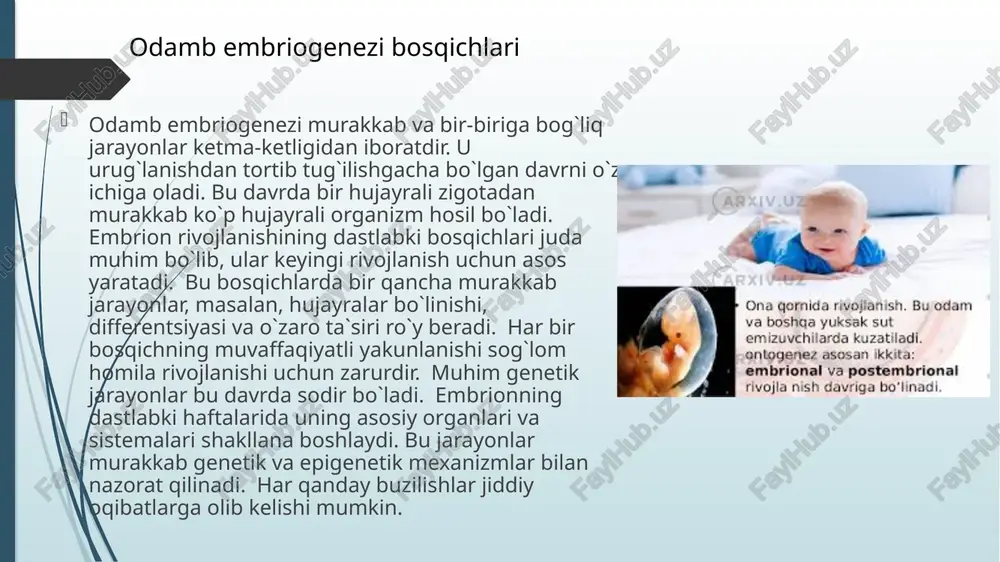 n. erta bosqichlarda paydo bo`lgan nuqsonlar ko`pincha jiddiyroq bo`ladi. nuqsonlarning og`irligi va turi turlicha bo`lishi mumkin. ba`zi nuqsonlar hayotga mos kelmaydi. ba`zi hollarda esa davolanish mumkin. embrional rivojlanishdagi nuqsonlar teratogen omillar embrion rivojlanishiga salbiy ta`sir ko`rsatadigan omillardir. bu omillar turli xil bo`lishi mumkin, jumladan, dorilar, infektsiyalar, radiatsiya va boshqalar. teratogen omillar embrionning rivojlanishiga turli xil ta`sir ko`rsatishi mumkin. ba`zi teratogen omillar o`limga olib kelishi mumkin. ba`zi omillar esa tug`ma nuqsonlarga olib kelishi mumkin. teratogen omillarga ta`sir qilish muddati va intensivligi tug`ma nuqsonlarning og`irligiga ta`sir qiladi. homilador ayollar teratogen omillar ta`siridan saqlanishlari kerak. profilaktika choralari juda muhimdir. oldini olish eng yaxshi davolashdir. teratogen omillar ta`siri embrion rivojlanishining buzilishi turli xil shakllarda namoyon bo`lishi mumkin. ba`zi hollarda buzilish embrionning o`limini keltirib chiqarishi mumkin. boshqa hollarda esa tug`ma nuqsonlarga olib kelishi mumkin. buzilishning og`irligi turlicha bo`lishi mumkin. ba`zi buzilishlar hayotga xavf solmaydi. boshqa buzilishlar esa hayot uchun xavflidir. buzilishlar embrionning turli xil bosqichlarida …