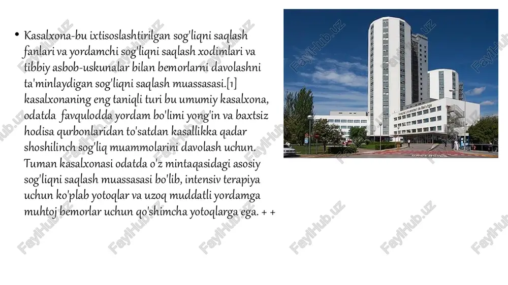 aliyot uchun litsenziyadan oldin aspiranturada o'qishni tugatish bilan birlashtiradi. kasalxonadan kichikroq sog'liqni saqlash fanlari muassasasi odatda klinika deb ataladi. kasalxonalarda bir qator bo'limlar (masalan, jarrohlik va shoshilinch tibbiy yordam) va kardiologiya kabi maxsus bo'limlar mavjud. ba'zi shifoxonalarda ambulatoriya bo'limlari, ba'zilarida surunkali davolash bo'limlari mavjud. umumiy qo'llab-quvvatlash bo'limlariga dorixona, patologiya va radiologiya kiradi. sog'liqni saqlashning ko'plab funktsiyalarini, shu jumladan umumiy yoki ixtisoslashtirilgan bemorlarni parvarish qilish, o'qitish, tadqiqot va boshqalarni birlashtirgan muassasalar tibbiy markaz atamasidan foydalanishlari mumkin. ushbu atama, shuningdek, turli xil aloqasi bo'lmagan sog'liqni saqlash xizmatlari yoki har qanday klinika yoki shifoxonaga ega ofis majmuasini ham anglatishi mumkin. https://en.wikipedia.org/wiki/teaching_hospital https://en.wikipedia.org/wiki/allied_healthcare https://en.wikipedia.org/wiki/allied_healthcare https://en.wikipedia.org/wiki/medical_degree https://en.wikipedia.org/wiki/residency_(medicine) https://en.wikipedia.org/wiki/urgent_care https://en.wikipedia.org/wiki/cardiology https://en.wikipedia.org/wiki/outpatient https://en.wikipedia.org/wiki/hospital_pharmacy https://en.wikipedia.org/wiki/pathology https://en.wikipedia.org/wiki/radiology https://en.wikipedia.org/wiki/medical_center katta kasalxona yoki tibbiy markaz ko'pincha bir nechta saytlarga ega bo'lishi mumkin bo'lgan katta sog'liqni saqlash tizimining ma'muriy shtab-kvartirasi bo'lib xizmat qiladi. kasalxonalar odatda davlat mablag'lari, sog'liqni saqlash tashkilotlari (notijorat yoki notijorat), tibbiy sug'urta kompaniyalari yoki xayriya tashkilotlari, shu jumladan to'g'ridan-to'g'ri …