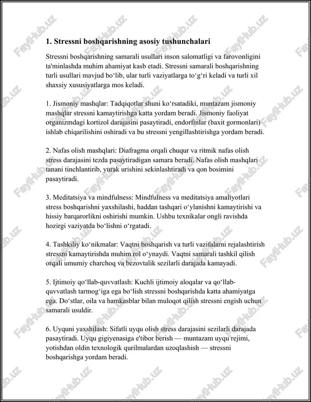 b tizimini tinchlantirishga yordam beradi, yurak urish tezligini normallashtiradi va insonning diqqatini chalg'itadi. bu usulni kunlik odatga aylantirish stress darajasini uzluksiz ravishda kamaytirishga yordam beradi. 2. jismoniy faollik: stressni kamaytirishda jismoniy faollikning o'rni juda katta. sport bilan shug'ullanish, yurish yoki har qanday faol harakat stressni kamaytirishga yordam beradi. jismoniy mashqlar endorfinlar — tabiatning tabiiy ruh ko'targichlari — ishlab chiqarilishini rag'batlantiradi va stress gormonlarining darajasini pasaytiradi. kutubxonalar va ilmiy tadqiqotlar ko'rsatadiki, haftasiga kamida 150 daqiqa o'rtacha intensivlikdagi jismoniy faollik stressni samarali boshqarishda muhim rol o'ynaydi. 3. meditatsiya va mindfulness: meditatsiya va mindfulness (onaqalniq) texnikalari stressni boshqarishda muhim ahamiyatga ega. bu usullar ongni joriy lahzada barqaror ushlab turishni o'rgatadi va stressli holatlarda shaxsning tinchlanishida yordam beradi. tadqiqotlar ko'rsatadiki, mindfulness amaliyotlari 8 hafta davomida kuniga atigi 10-15 daqiqani olganida ham stress, xavotir va depressiya alomatlarini sezilarli darajada kamaytirishi mumkin. 4. muvozanat va rejalashtirish: hayotda stress darajasini kamaytirishning yana bir usuli sifatida ish va …