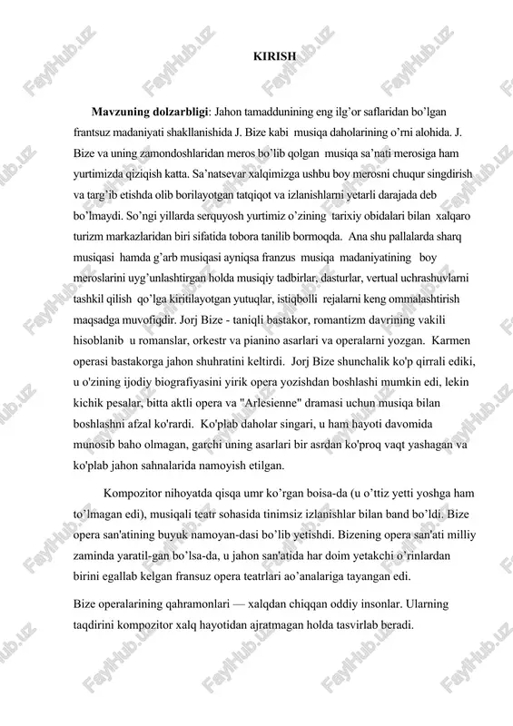 tida hamkorlik qilishdi. bizega fransuz lirik operasining yirik ustasi sharl guno katta ta'sir ko’rsatdi. bize gunodan kompozitsiya sirlarini o’rgandi. guno opera musiqasining eng yaxshi tomonlari bizening ijodiy uslubiga ta'sir o’tkazmasdan qolmas edi. konservatoriya yillarida yaratilgan asarlar orasida do major simfoniyasi e'tiborga sazovor. bize konservatoriyada o’qib yurgan yillarida do major simfoniyasidan tashqari, bir aktli komik operasi «doktorning uyi» va orkestr uchun lya major uverturasini ham yaratadi. konservatoriyani bitirish yili (1857) «kiovis va klotilda» kantatasi uchun bize nafis san'at akademiyasi tomonidan ta'sis etilgan rim mukofotini oladi. bu mukofot yosh musiqachiga davlat stipendiyasini ta'minladi va unga uch yil davomida xorijiy mam-lakatlarda badiiy mahorat sirlarini egallash imkoniyatini berdi. konservatoriyani tugatgach, bize o’zining fortepiano bo’yicha o’qituvchisi a.f. marmontelning ta'biri bilan aytganda, «katta musiqachi» boiib yetishdi. guno va galevi singari opera janri-ning ikki yirik ustasi rahbarligida bize xix asr o’rtalaridagi fran-suz opera madaniyati an'analari bilan tanishdi. bizening uch yil davomida italiyada yashashi (1858—1860) yosh kompozitorning dunyoqarashiga …