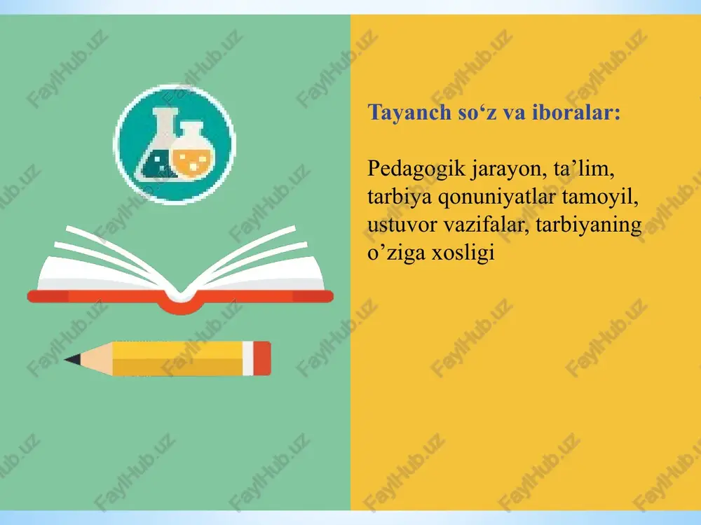 aning insonparvarlashuvi; tarbiyaning hayot, mehnat bilan bog’liqligi; tarbiyaga yaxlit(kompleks) yondashuv; jamoada tarbiyalash va jamoaga suyanib ish ko’rish; shaxsga talabchanlik bilan hurmatni birga qo’shib olib borish; o’qituvchilar, jamoat tashkilotlari va oilaning talab hamda tarbiyaviy ta’sirlarining birligi; tarbiya jarayonining quyidagi qonuniyatlari mavjud: ijtimoiy muhitning ob’ektiv va sub’ektiv omillariga bog’liqligi; tarbiyaning shaxsning rivojlanishi bilan birligi va o’zaro bog’liqligi; faoliyat va munosabatni e’tirof etish shaxsning ijtimoiy qimmatli fazilatlarini shakllantirishning negizi va asosiy manbai; tarbiyalanuvchilarning o’zaro tarbiyaviy ta’siri, o’zaro munosabatlari hamda faol faoliyati o’rtasidagi bog’lanish; tarbiya va o’zini-o’zi tarbiyalashning intensivligi; tarbiyalanuvchining “ichki olami”ga ta’sir etishning intensivligi; tarbiyalanuvchilarda verbal va sensomotor jarayonlarning rivojlanish darajasi va pedagogik ta’sirni hisobga olish. tarbiya turlari: axloqiy (etika) — yaxshi xulq-atvorni shakllantirish; estetik — go‘zallikni anglash, san’atni qadrlash; aqliy — bilim olishga bo‘lgan qiziqishni rivojlantirish; jismoniy — sog‘lom turmush tarzini shakllantirish; mehnat tarbiyasi — halollik, mehnatsevarlik fazilatlarini rivojlantirish; vatanparvarlik — milliy va umuminsoniy qadriyatlarga hurmat bilan qarash. tarbiyaviy faoliyatning ijtimoiy-tarixiy shartlanganligi …