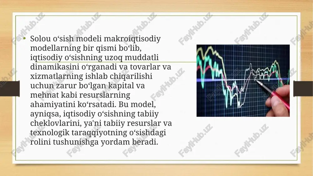 akkab sharoitlarda to‘liq ishlamasligi mumkin. texnologik taraqqiyotning noaniqligi: model texnologik taraqqiyotning qanchalik tez rivojlanishini aniqlashni qiyinlashtiradi, chunki bu omil ko‘plab tashqi faktorlarga bog‘liq bo‘ladi. xulosa solou o‘sish modeli iqtisodiy o‘sishning uzoq muddatli dinamikasini tushunishda muhim ahamiyatga ega. kapital, mehnat va texnologik taraqqiyotning o‘zaro aloqalarini tahlil qilish orqali iqtisodiyotdagi o‘sishning asosiy yo‘nalishlarini ko‘rsatadi. biroq, modelning cheklovlari va amaliy qo‘llanilishi real hayotdagi murakkab sharoitlarda ba'zi o‘zgarishlarga duch kelishi mumkin. masalan, texnologik taraqqiyotning aniqligi va kapitalning yig‘ilishi bilan bog‘liq omillarni to‘liq prognoz qilish qiyin bo‘lishi mumkin. modelda ishlatiladigan ba'zi o‘zgaruvchilar, masalan, texnologik taraqqiyot sur'ati va kapitalning samaradorligi haqidagi nazariy fikrlar real dunyodagi murakkab iqtisodiy sharoitlarga mos kelmasligi mumkin. bundan tashqari, solou modelining cheklovlari shundaki, u vaqt o‘tishi bilan texnologiya va kapitalning o‘zaro ta'sirini o‘rganish uchun juda oddiy yondashuvni taklif qiladi. shuningdek, model iqtisodiyotdagi tashqi omillarni, masalan, siyosiy, ijtimoiy va global iqtisodiy o‘zgarishlarni hisobga olmaydi, bu esa real hayotdagi iqtisodiy o‘sishni aniqlashda qiyinchiliklarni keltirib …