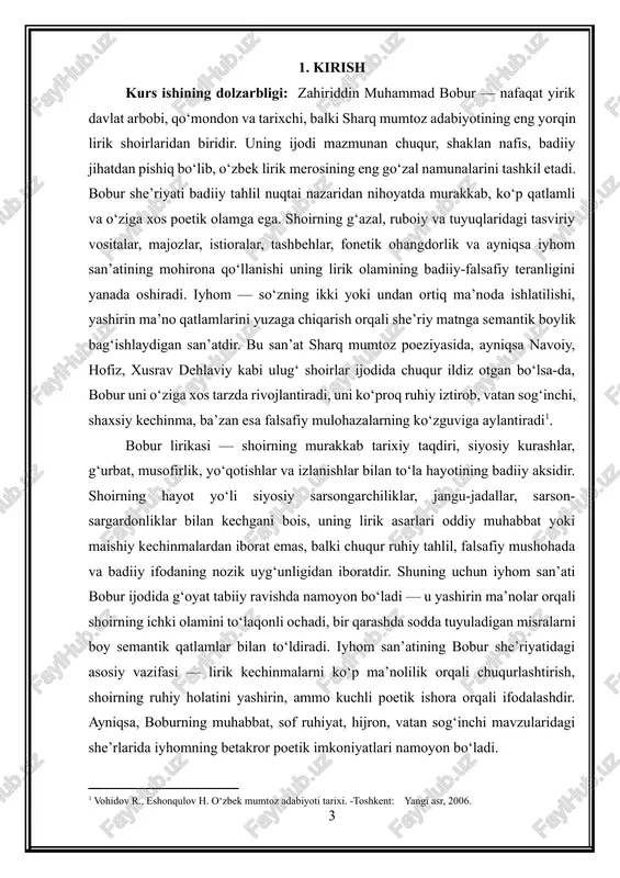 iradi. mazkur mavzuning dolzarbligi shundaki, bobur lirikasi hali hanuz o‘z tadqiq etilmagan badiiy qatlamlari, o‘ziga xos poetik sir-sinoatlari bilan boydir. shoirning iyhom san’atini qo‘llashdagi mahoratini o‘rganish bobur poetikasining semantik boyligini anglash, uning ruhiy kechinmalarini talqin etish va badiiy tafakkurini tushunishda muhim nazariy ahamiyatga ega. ijodkorning yashirin ma’nolarni ochish orqali tasvirni chuqurlashtirishi o‘zbek adabiyotidagi lirik uslubning takomiliga katta ta’sir ko‘rsatgan. ayniqsa, iyhomning bobur she’riyatida psixologik ma’no qimmatining ustuvorligi mavzuni yanada ilmiy asosda o‘rganishni taqozo etadi. chunki bobur iyhomni faqat badiiy bezak sifatida emas, balki ruhiy kechinmalarning poetik sharhlovchisi sifatida ishlatadi. kurs ishining maqsadi — zahiriddin muhammad bobur lirik she’riyatida iyhom san’ati qanday namoyon bo‘lishini, uning badiiy-falsafiy mohiyatini ochish, shoirning lirik qahramoni kechinmalaridagi ko‘p ma’nolilikni tahlil qilish va iyhomning bobur poetikasidagi tutgan o‘rnini aniqlashdan iborat. kurs ishining vazifalari quyidagilardan iborat: — bobur lirik merosining o‘ziga xos badiiy xususiyatlarini o‘rganish; — shoirdagi iyhom san’atining kelib chiqish asoslarini aniqlash; — iyhomning semantik imkoniyatlarini, ko‘p …