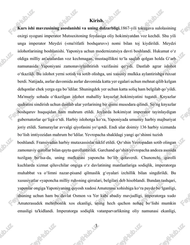 lil qilish. kurs ishining obyekti. ushbu kurs ishining obyekti yaponiyada meydzi davridagi islohotlarni tadqiq etish. kurs ishi mavzusining predmeti. ushbu kur ishining predmeti xix asr va xix asrning ikkinchi yarimida yaponiyada ro’y bergan meydzi islohotlarini ochib berishdan iborat etib belgilanadi. kurs ishining maqsad va vazifalari. men o’z kurs ishimda yaponiyani yakka, feodal davlatdan sanoatlashgan jahonning kuchli davlatiga aylanishiga sabab boʻlgan „meydzi islohotlari“ haqida umumiy tushuncha berishni o`z oldimga maqasad qilib qo`yaman. kurs ishining tarkibiy tuzilishi. kirish, ikki bob, xulosa foydalanilgan adabiyotlar ro`yxatidan iborat bo`lib, jami ____ sahifani tashkil etadi. i bob. yaponiyada takugava sulolasi. 1.1 xvi-xviii asrlarda yaponiya davlati tarixi. yaponiya davlatchiligi 6—7-asrlardayoq shakllangan. u o'z rivojlanishida uzoq yo'lni bosib o'tdi. o'rta asrlarda uzoq vaqt parchalanish davri bo'lgan. faqat 17-asr boshlarida. mamlakat tokugava feodal xonadoni bilan birlashtirildi. bu uy, uning vakillari o'zlarini syogunlar sifatida hokimiyatda o'rnatdilar, bu unvonni bosh qo'mondon deb tarjima qilish mumkin. edo shahri poytaxtga aylandi. hozir bu …