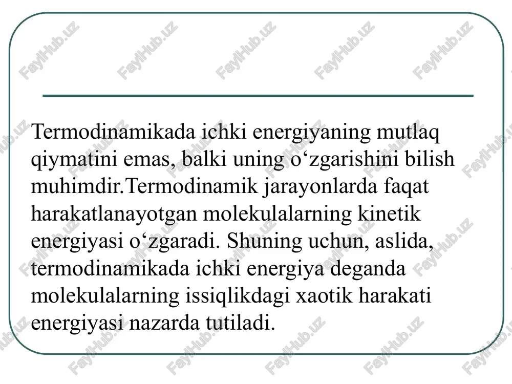 di. 13 binobarin, berilgan issiqlik ham isitish, ham ishlarni bajarish uchun sarflanadi. bundan ko'rinib turibdiki, sr va sv miqdorlari oddiy munosabat bilan bog'liq. 14 bir mol ideal gazni doimiy hajmda qizdirganda, termodinamikaning birinchi qonuni quyidagicha yoziladi: doimiy hajmdagi issiqlik quvvati teng bo'ladi : 15 umumiy holda quyidagicha yozish mumkin: chunki u nafaqat haroratga bog'liq bo'lishi mumkin. ideal gaz holatida formula to'g'ri keladi bundan kelib chiqadiki 16 ideal gazning ichki energiyasi faqat haroratning funktsiyasidir (va v, p ga bog'liq emas), shuning uchun formula har qanday jarayon uchun amal qiladi. ixtiyoriy ideal gaz massasi uchun: 17 izobarik jarayon davomida ichki energiyaning ko'payishiga qo'shimcha ravishda, ish gaz tomonidan amalga oshiriladi: klapeyron-mendeleyev tenglamasidan olingan natijani tenglamaga almashtirib, biz hosil qilamiz 18 bu bir mol gaz uchun mayer tenglamasi. u universal gaz konstantasining fizik ma'nosini bildiradi. r izobarik jarayonda bir daraja qizdirilganda bir mol gazning bajargan ishiga son jihatdan teng. 19 biratomli va ko'p atomli …