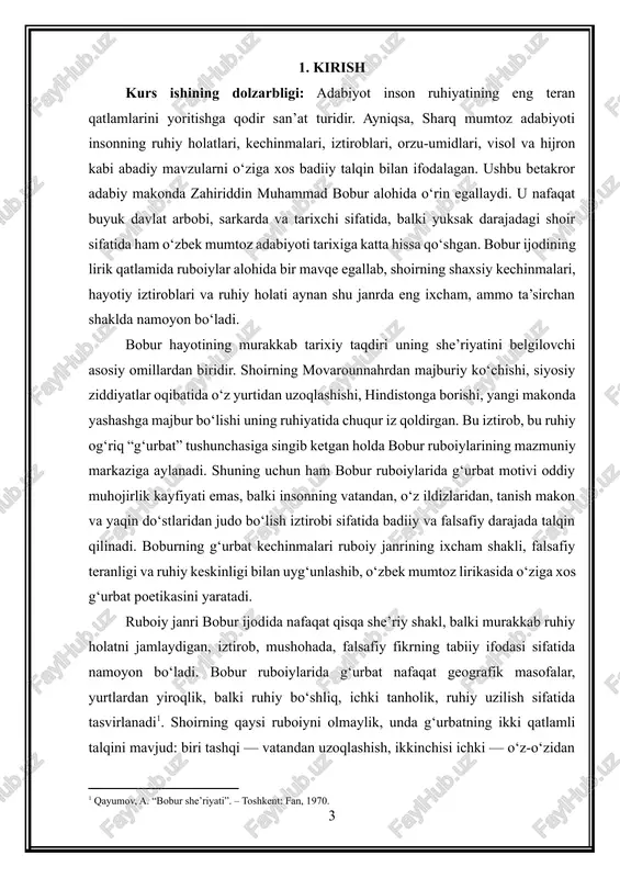 vatandan uzoqlashish, madaniy ildizlarga bo‘lgan sog‘inch keng tarqalgan davrda yanada muhim ahamiyat kasb etgan. bobur ruboiylaridagi g‘urbatning ruhiy-falsafiy talqini zamonaviy o‘quvchi uchun ham tanish, o‘ziga yaqin bo‘lib, inson qalbining universal holatlari sifatida qabul qilinadi. shuning uchun ham ushbu mavzuni tadqiq qilish nafaqat mumtoz adabiyotshunoslik uchun, balki bugungi yoshlar, adabiyot ixlosmandlari va adabiyotshunos olimlar uchun ham dolzarbdir. kurs ishining maqsadi — bobur ruboiylarida g‘urbat motivining badiiy, semantik va ruhiy talqinini ilmiy asosda o‘rganish, uning poetik xususiyatlarini ochib berish, g‘urbatning mazmuniy qatlamlari va ramziy ma’nolarini aniqlashdan iborat. bu maqsaddan kelib chiqib, kurs ishida bobur ruboiylari matnlari, ularning badiiy tizimi, obrazlar dunyosi va tasvir usuli tahlil qilinadi. shoirning g‘urbatga munosabati, musofirlik holatining poetik tasviri, shuningdek, g‘urbatning shoir hayotidagi real tarixiy asoslari ham o‘rganiladi. kurs ishining vazifalari: – bobur ruboiylaridagi g‘urbat tushunchasining mazmuniy asoslarini aniqlash; – ruboiylarda qo‘llangan obrazlar, badiiy vositalar, tashbeh va majozlarning g‘urbat bilan bog‘liqligini ko‘rsatish; – g‘urbat motivining psixologik, falsafiy va …