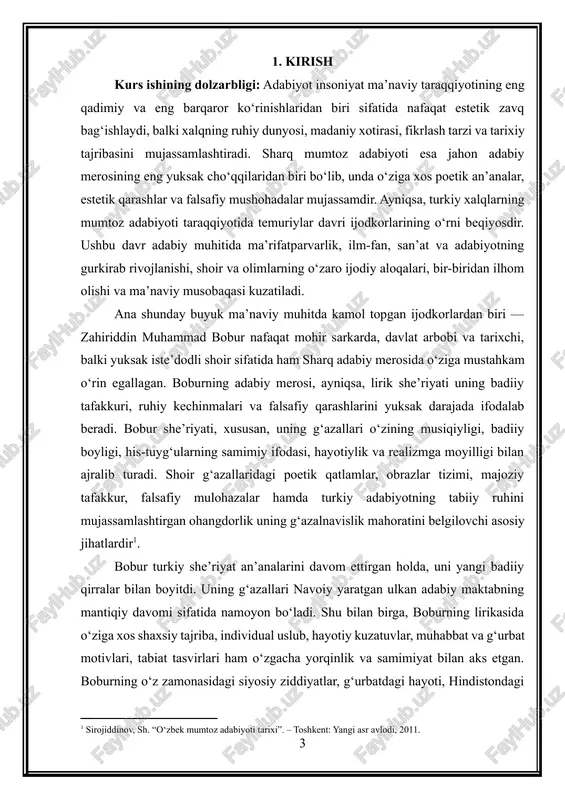 temuriylar davri adabiy-estetik qarashlarining rivojini, mumtoz poetikaning turkiy shakllanish jarayonlarini, bobur shaxsining ruhiy kechinmalari va ichki olamiga oid ko‘plab ma’lumotlarni anglashimiz mumkin. shuningdek, boburning g‘azalnavislik an’analari o‘zbek mumtoz adabiyotining keyingi bosqichlari — mashrab, ogahiy, komil xorazmiy, avaz o‘tar kabi ijodkorlar lirikasi bilan uzviy bog‘liq bo‘lib, ularning badiiy tafakkuriga sezilarli ta’sir ko‘rsatgan. mazkur kurs ishining yana bir ahamiyatli jihati shundaki, bobur she’riyatini tahlil qilish orqali biz turkiy tilning poetik imkoniyatlarini, aruz vaznining turkiy ruh bilan uyg‘unlashishini, tasavvufiy-falsafiy qarashlarning badiiy talqinini chuqurroq o‘rganamiz. bobur o‘z g‘azallarida turkiy tilda nafis ohangdorlikka erishgan, aruzni ravon va tabiiy qo‘llagan, turkiy she’riyat poetikasini yangi badiiy yuksaklikka ko‘targan shoir sifatida e’tirof etiladi. shu nuqtai nazardan, mazkur kurs ishida bobur g‘azalnavisligining asosiy badiiy-estetik xususiyatlarini ilmiy asosda o‘rganish, uning poetikasidagi o‘ziga xosliklarni aniqlash va sharq mumtoz adabiyoti an’analari bilan qiyosiy tahlil qilish ko‘zda tutiladi. kurs ishining maqsadi: zahiriddin muhammad boburning g‘azalnavislik mahoratini ilmiy asosda tahlil qilish, uning lirik merosidagi …