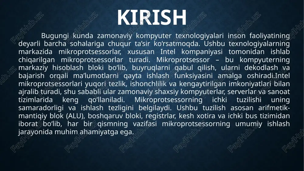 h uchun mo‘ljallangan. kesh xotira operativ xotiraga nisbatan ancha tez ishlaydi, shuning uchun mikroprotsessor kerakli ma’lumotlarni keshdan tezkor olish orqali ishlash samaradorligini sezilarli darajada oshiradi.kesh xotira ishlash prinsipi asosan lokallik printsipiga asoslanadi. bu printsip ikkita asosiy turga bo‘linadi:vaqtinchalik lokallik (temporal locality) – agar ma’lumot yoki buyruq yaqinda ishlatilgan bo‘lsa, u tez orada qayta ishlatilishi ehtimoli yuqori. shu sababli mikroprotsessor ushbu ma’lumotni kesh xotirada saqlaydi.makoniy lokallik (spatial locality) – agar bir ma’lumot manzili ishlatilgan bo‘lsa, uning yaqin manzillardagi ma’lumotlar ham tez orada ishlatilishi mumkin. kesh xotira bloklari bu printsip asosida ma’lumotlarni guruhlab saqlaydi. intel mikroprotsessorlarida kesh xotira odatda bir necha darajaga bo‘linadi: l1, l2 va l3.l1 kesh – mikroprotsessor yadrosiga eng yaqin va eng tezkor kesh bo‘lib, odatda alu va registrlar bilan birgalikda ishlaydi.l2 kesh – l1 dan katta hajmga ega va ko‘proq ma’lumotni saqlashga mo‘ljallangan, tezligi esa biroz pastroq.l3 kesh – ko‘plab yadroli protsessorlarda mavjud bo‘lib, barcha yadro tomonidan ishlatiladi …