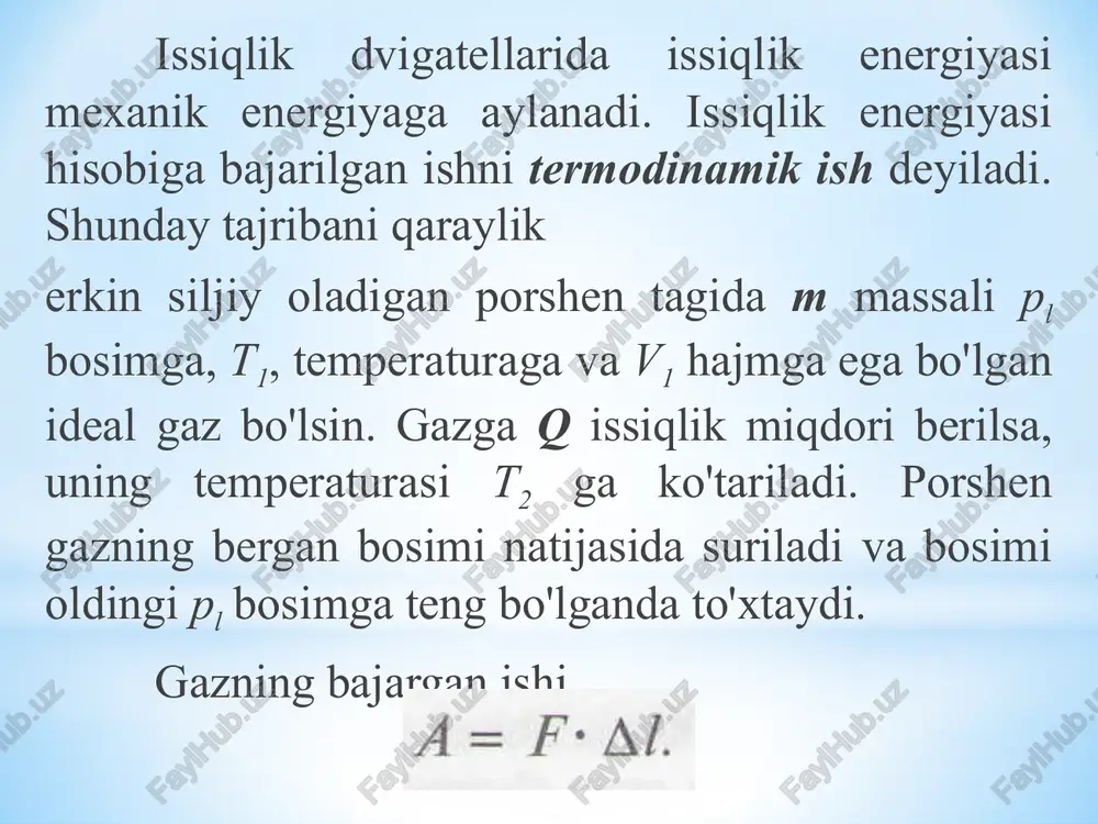 a nisbatan tikka tushadi. chunki gaz bosimi faqat hajm ortishi hisobiga emas, balki temperatura kamayishi hisobiga ham kamayadi. adiabatik jarayon texnikada keng qo'llaniladi. u tabiatda ham sezilarli rol o'ynaydi. havoning tez siqilishi jarayonida qizishi dizel dvigatelida qo'llaniladi. bunday dvigatellarda benzin bilan ishlaydigan odatdagi ichki yonuv dvigatellaridagi kabi yoqilg'i aralashmasini tayyor- laydigan sistema yo'q. silindrga yoqilg'i aralashmasi emas, atmosfera havosi so'riladi. siqilish takti oxirida silindrga maxsus forsunkadan suyuq yoqilg'i purkaladi. bu paytda siqilgan havo temperaturasi yuqori bo'lganligidan yoqilg'i alangalanadi adiabatik kengayishda gazning sovishi yer atmosferasida ulkan miqyosda ro'y beradi. yer sirti yaqinida isigan havo yuqoriga ko'tariladi va yuqorida atmosfera bosimi kichik bo'lganligidan kengayadi. temperatura pasayib, suv bug'lari kondensatsiyalanadi va bulutlar hosil bo'ladi. yer sirtining notekis isishi natijasida shamollar hosil bo'ladi. shamol yo'lida biror to'siq, masalan, tog' uchrasa shamol unga urilib, tez ko'tariladi. havoning adiabatik kengayishi natijasida sovib, tez-tez yomg'ir, qor yog'ib turadi. baland tog' tepalarida qor erimay, muzliklar saqlanib turadi. -10 …