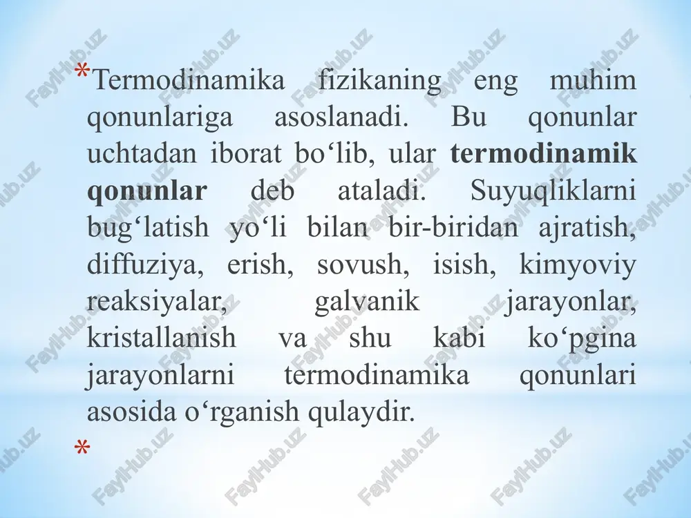 bo‘ladi. bu yerda j = 0,427 kg·m = 4,1875·10⁷ erg = 4,1875 j issiqlikning mexanik ekvivalenti, yoki 0,238615 kkal ga teng boʻlib, bu qiymat ishning issiqlik ekvivalenti hisoblanadi. agar ish va issiqlik bir xil birlikda (masalan, kaloriya yoki joule’da) olingan boʻlsa, unda: a=q bo‘ladi. shunday qilib, ish va issiqlik oʻzaro ekvivalent kattaliklar hisoblanadi. endi bu kattaliklar orasidagi bog‘lanishni chuqurroq koʻrib chiqamiz. aylanish (sikl) jarayoni agar sistema bir qancha jarayonlardan so‘ng o‘zining avvalgi holatiga qaytib kelsa, bunday jarayon aylanma jarayon yoki sikl deb ataladi. agar jarayon natijasida sistema issiqlik bersa va tashqi kuchlar unga qarshi ish bajarsa, yoki sistema issiqlik olib, tashqi kuchlarni yengish ishini bajarsa-yu, ammo jarayon natijasida sistemaning umumiy holatida hech qanday o‘zgarish yuz bermasa, unda sistemaning bajargan ishi (a) yoki sarflangan issiqlik (q) tashqi kuchlar bajargan ishga teng bo‘ladi. shunday qilib: a=q bo‘ladi. issiqlik dvigatellarida issiqlik energiyasi mexanik energiyaga aylanadi. issiqlik energiyasi hisobiga bajarilgan ishni termodinamik ish deyiladi. …
