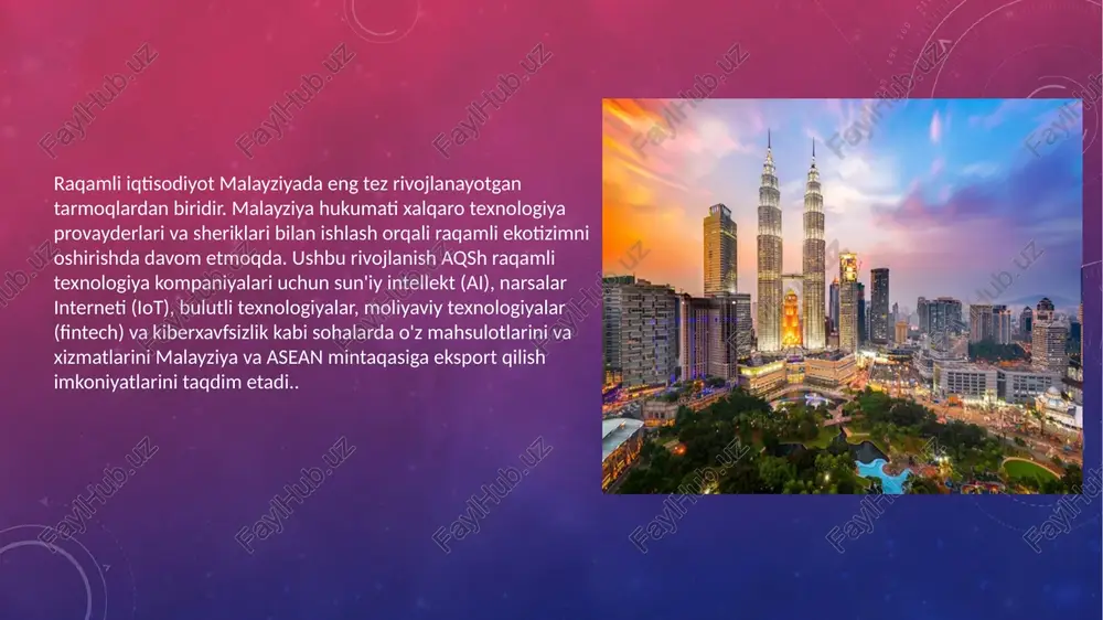 energiya va suv resurslariga bo‘lgan talabning oshishini ham ta’kidlab o‘tmoqda. aholisi o‘rtacha daromaddan yuqori bo‘lgan mamlakat sifatida malayziya ingliz tilida so‘zlashuvchi aholining ko‘pligi, yaxshi tashkil etilgan qonunchilik bazasi va biznes uchun qulay muhitdan foyda ko‘radi. raqamli iqtisodiyot malayziyaning asosiy iqtisodiy ustunlaridan biri bo‘lib, mamlakat yalpi ichki mahsulotining 23 foizini tashkil qiladi. ushbu tez rivojlanayotgan landshaftning asosiy vazifasi hukumatning mustahkam va barqaror siyosat va qoidalarni yaratish uchun tez rivojlanayotgan texnologiya bilan hamnafas bo'lishidir. bozor muammolari malayziyaning 2010 yildagi shaxsiy ma'lumotlarni himoya qilish to'g'risidagi qonuni (pdpa) tijorat operatsiyalari paytida shaxsiy ma'lumotlarni himoya qilish uchun keng qamrovli tarmoqlararo asosdir. pdpa shaxsiy ma'lumotlarni to'plash va qayta ishlash uchun qat'iy talablarni belgilaydi. ai va ma'lumotlarni birlashtirish bo'yicha tartibga solish muhitini mustahkamlash uchun malayziya hukumati uchta asosiy tashabbusni amalga oshirishni rejalashtirayotganini e'lon qildi: shaxsiy ma'lumotlarni himoya qilish to'g'risidagi qonunga (pdpa) o'zgartirish kiritish, yangi kiberxavfsizlik qonun loyihasini joriy etish va omnibus ma'lumotlarini himoya qilish to'g'risidagi qonunni qabul …
