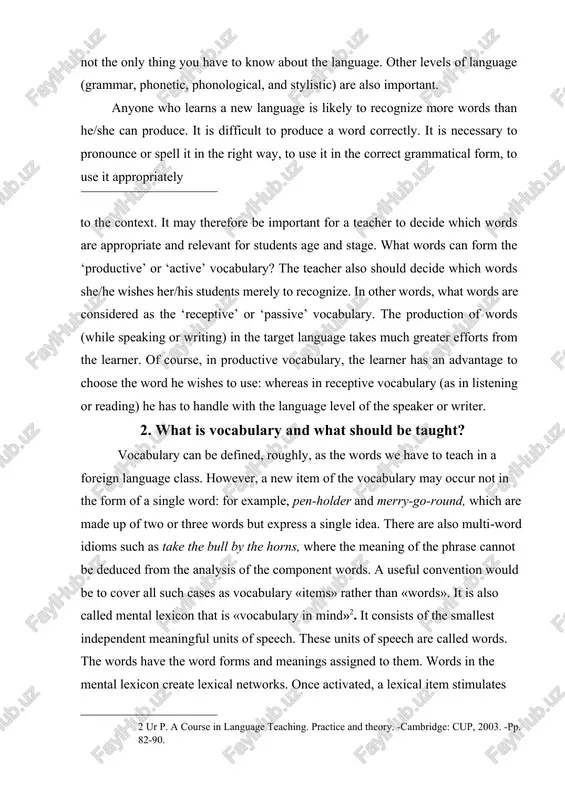 ere are also multi-word idioms such as take the bull by the horns, where the meaning of the phrase cannot be deduced from the analysis of the component words. a useful convention would be to cover all such cases as vocabulary «items» rather than «words». it is also called mental lexicon that is «vocabulary in mind»[footnoteref:2]. it consists of the smallest independent meaningful units of speech. these units of speech are called words. the words have the word forms and meanings assigned to them. words in the mental lexicon create lexical networks. once activated, a lexical item stimulates the spreading of other associated lexical items, which in its turn causes the activation of a bigger network. mental lexicon is stored in our memory and it is the process of mapping the meanings in the mind and putting these memory traces into some word groups. mental lexicon performs the functions of …